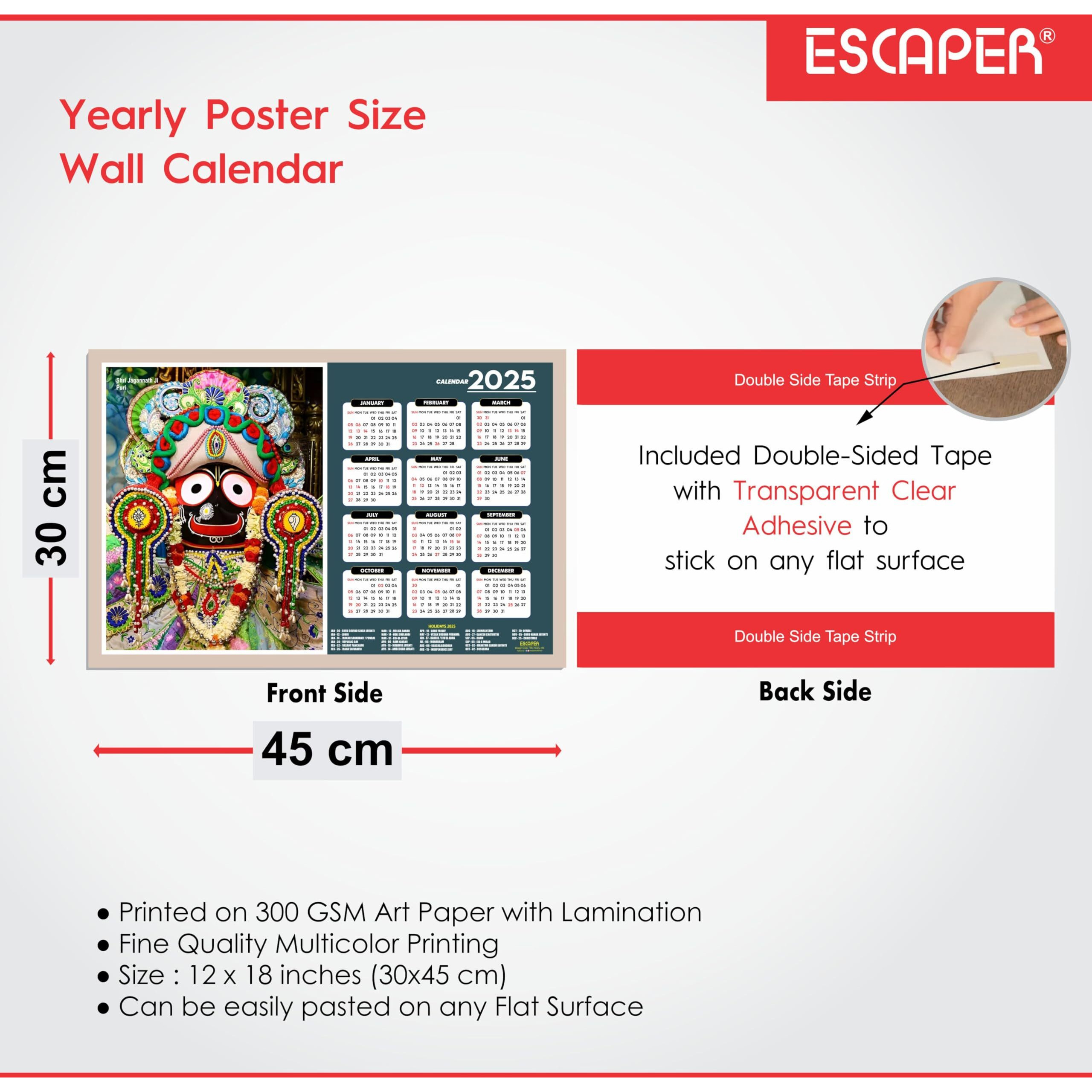 ESCAPER Jaganath Ji Wall Calendar 2025 (45 x 30 cm), Jaganath Ji Wall Calendar 2025, Jaganath Ji Photos, Religious Wall Calendar 2025, Jaganath Ji Wall Calendar 2025, Hindu God Photos, Hindu God Temple Wall Calendar 2025 for room decoration