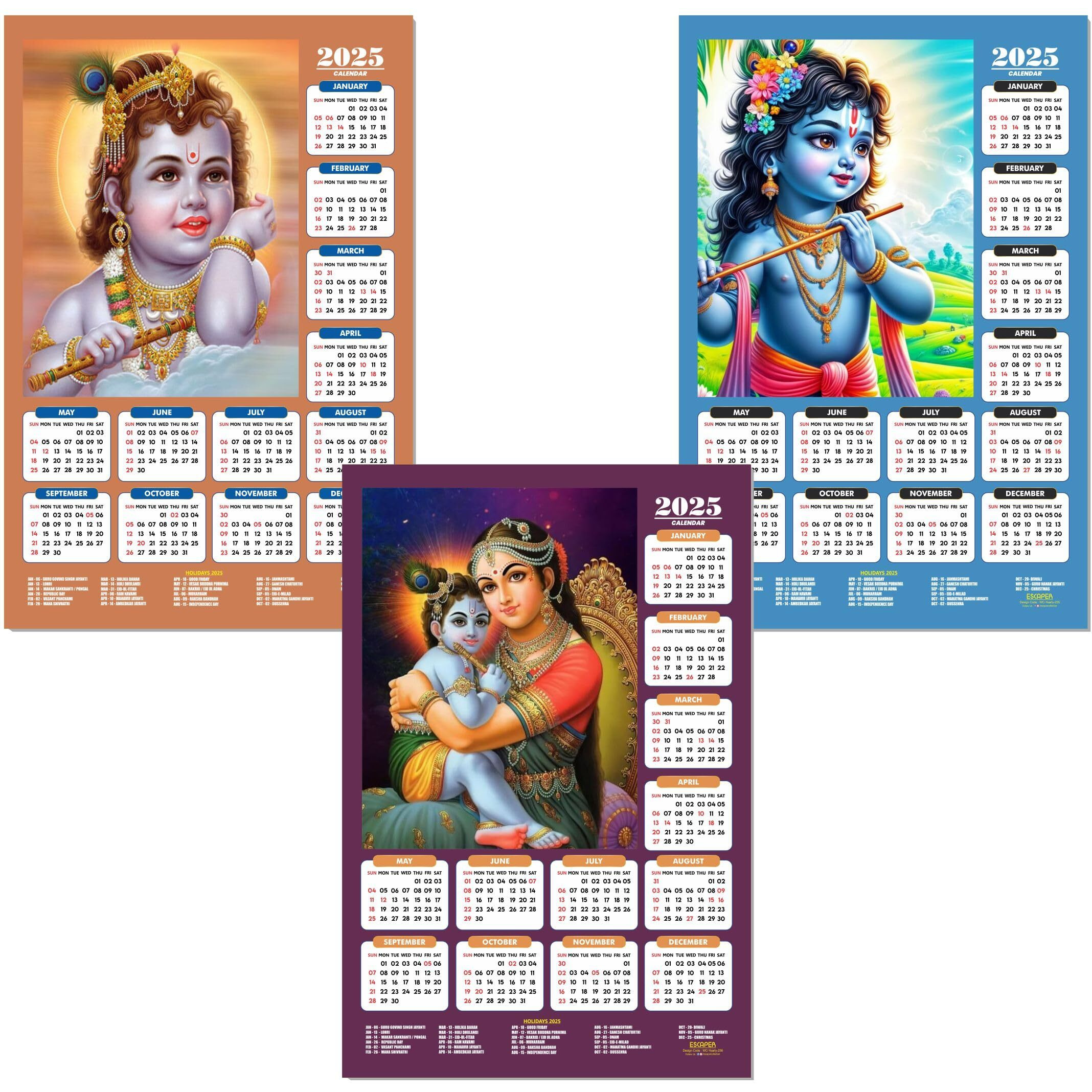 ESCAPER Shree Krishna Wall Calendar 2025 (45 x 30 cm) - Radha Krishna Wall Decor, Laddu Gopal Photo, Bal Krishna Wall Calendar 2025, Religious Wall Calendar 2025, Bal Gopal Photo