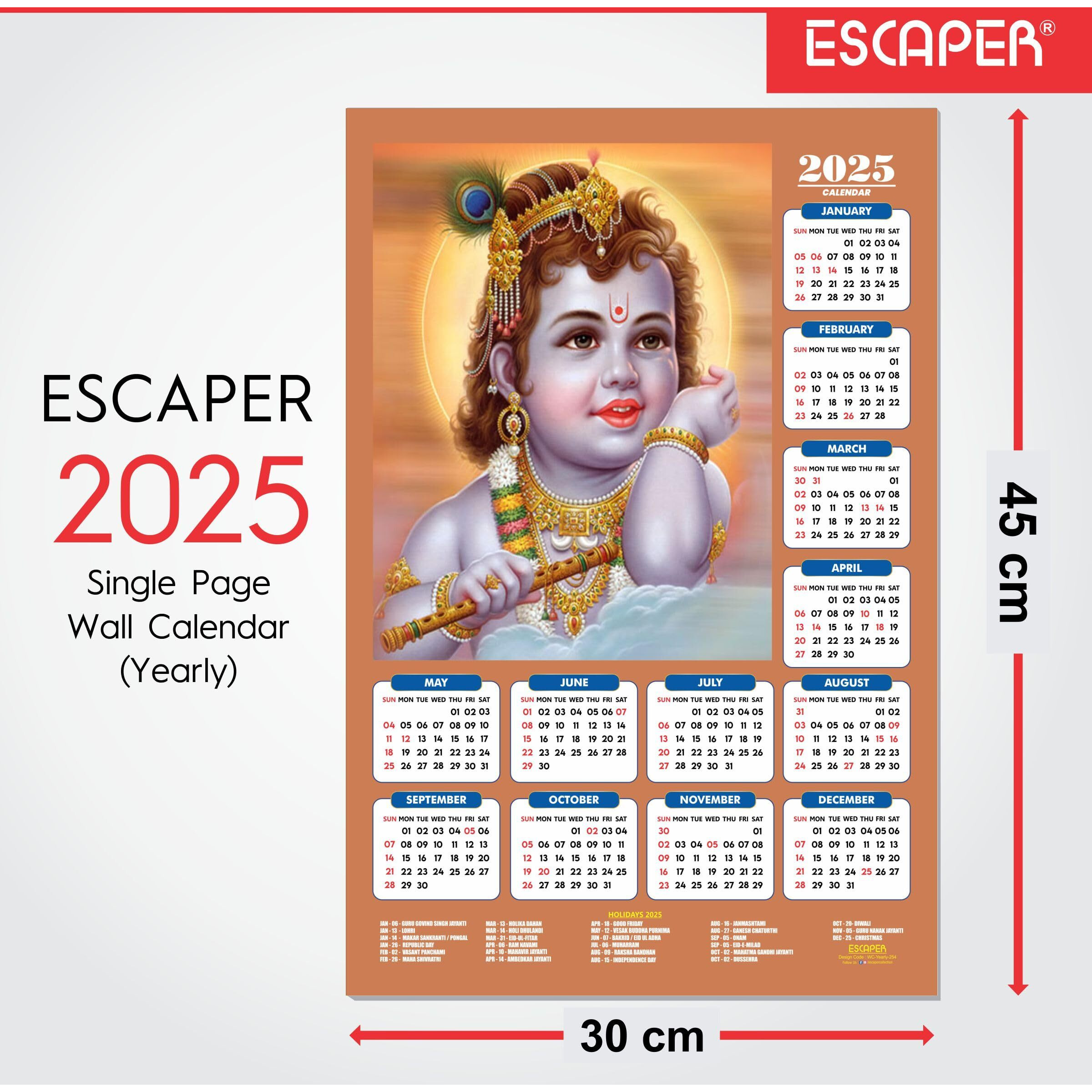 ESCAPER Shree Krishna Wall Calendar 2025 (45 x 30 cm) - Radha Krishna Wall Decor, Laddu Gopal Photo, Bal Krishna Wall Calendar 2025, Religious Wall Calendar 2025, Bal Gopal Photo