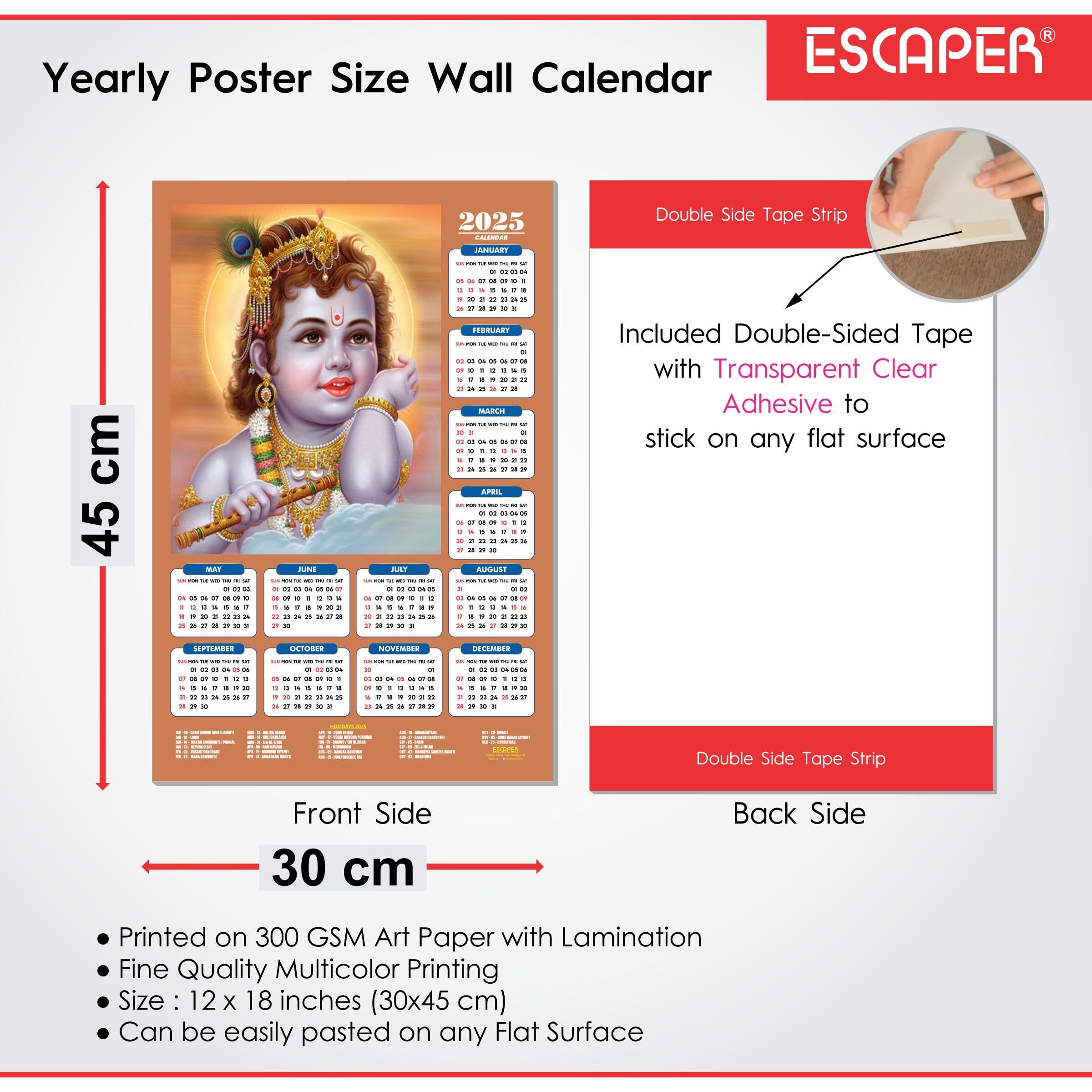 ESCAPER Shree Krishna Wall Calendar 2025 (45 x 30 cm) - Radha Krishna Wall Decor, Laddu Gopal Photo, Bal Krishna Wall Calendar 2025, Religious Wall Calendar 2025, Bal Gopal Photo