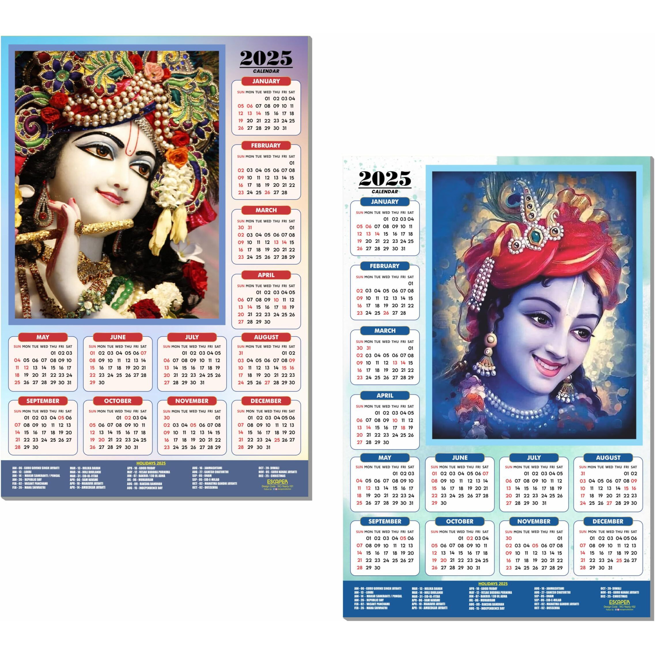 ESCAPER Shree Krishna Wall Calendar 2025 (45 x 30 cm) - Radha Krishna Wall Decor, Laddu Gopal Photo, Bal Krishna Wall Calendar 2025, Religious Wall Calendar 2025, Bal Gopal Photo