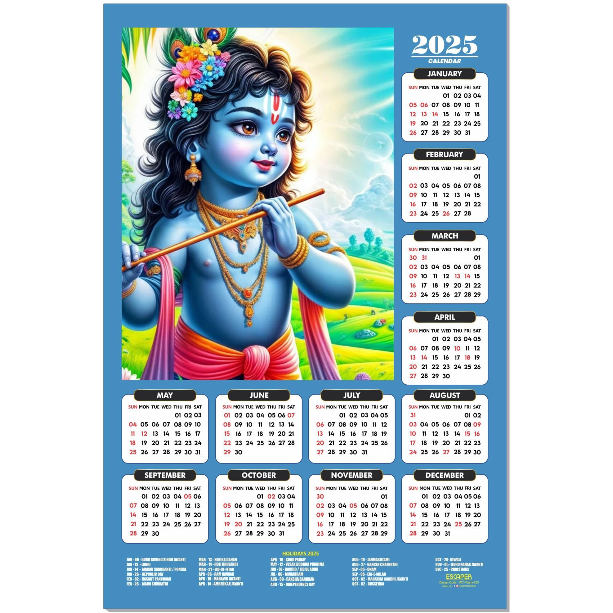 ESCAPER Shree Krishna Wall Calendar 2025 (45 x 30 cm) - Radha Krishna Wall Decor, Laddu Gopal Photo, Bal Krishna Wall Calendar 2025, Religious Wall Calendar 2025, Bal Gopal Photo