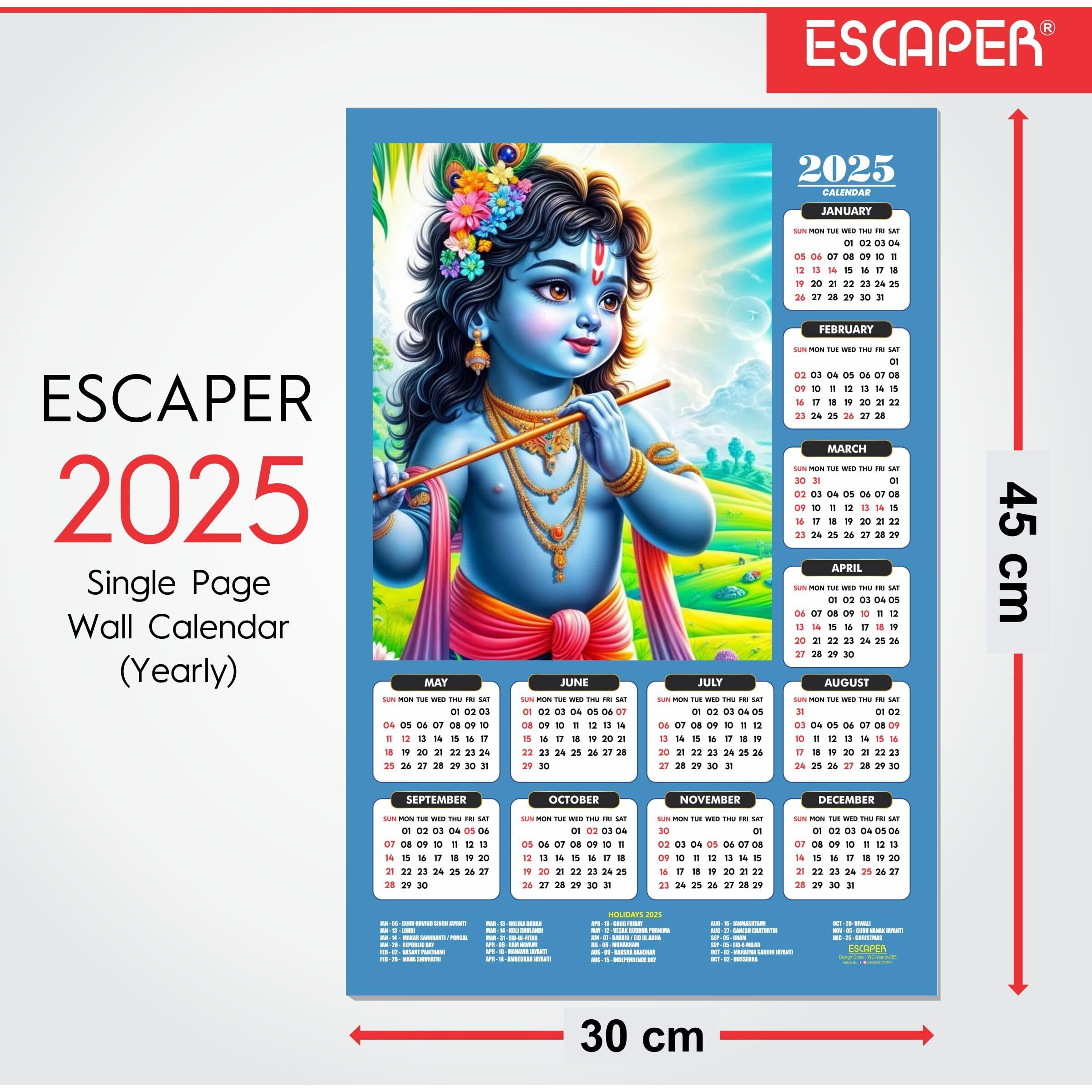 ESCAPER Shree Krishna Wall Calendar 2025 (45 x 30 cm) - Radha Krishna Wall Decor, Laddu Gopal Photo, Bal Krishna Wall Calendar 2025, Religious Wall Calendar 2025, Bal Gopal Photo