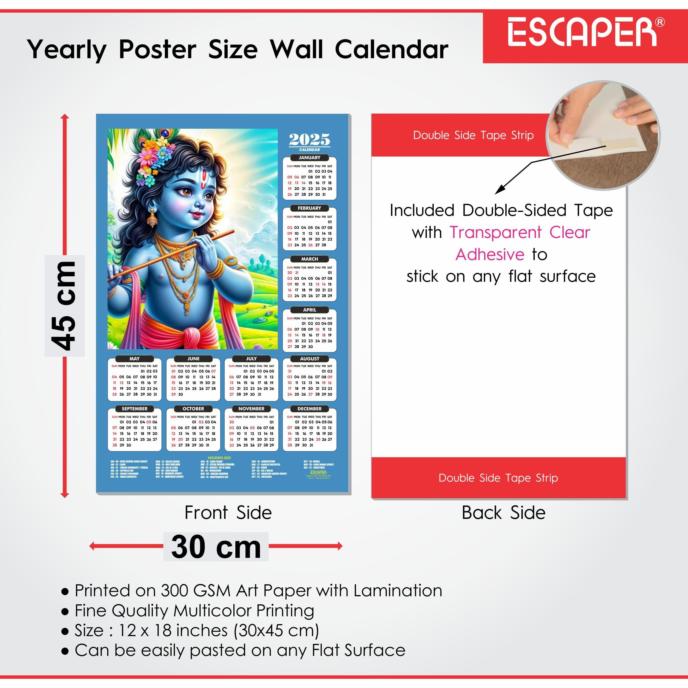 ESCAPER Shree Krishna Wall Calendar 2025 (45 x 30 cm) - Radha Krishna Wall Decor, Laddu Gopal Photo, Bal Krishna Wall Calendar 2025, Religious Wall Calendar 2025, Bal Gopal Photo
