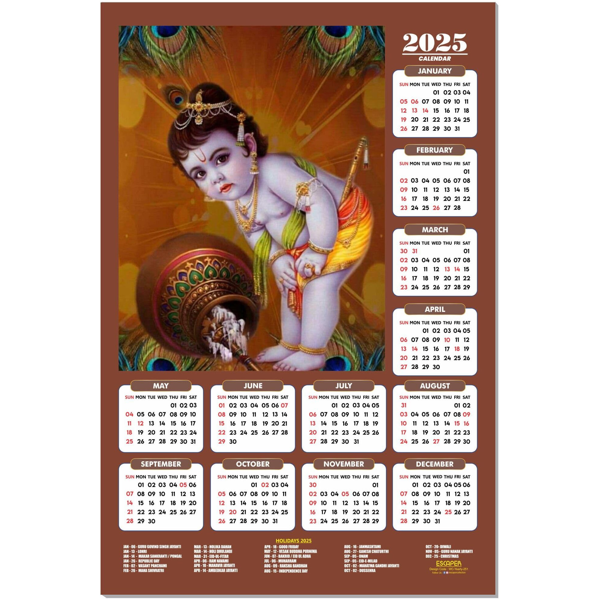 ESCAPER Shree Krishna Wall Calendar 2025 (45 x 30 cm) - Radha Krishna Wall Decor, Laddu Gopal Photo, Bal Krishna Wall Calendar 2025, Religious Wall Calendar 2025, Bal Gopal Photo