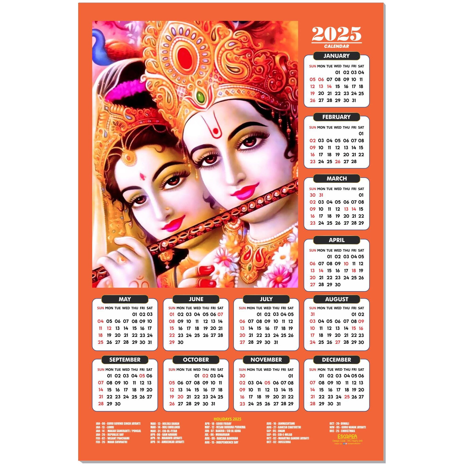 ESCAPER Shree Krishna Wall Calendar 2025 (45 x 30 cm) - Radha Krishna Wall Decor, Laddu Gopal Photo, Bal Krishna Wall Calendar 2025, Religious Wall Calendar 2025, Bal Gopal Photo