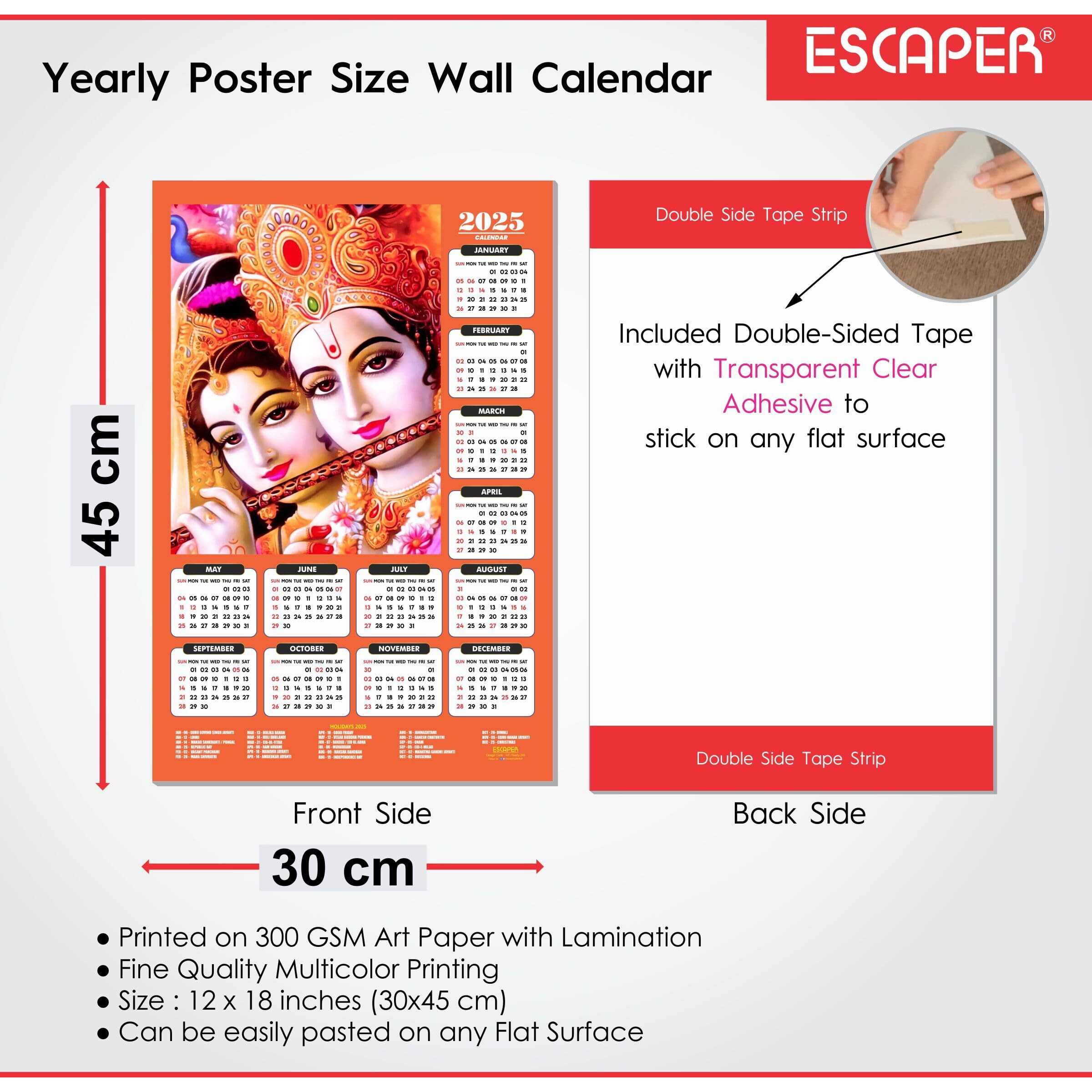 ESCAPER Shree Krishna Wall Calendar 2025 (45 x 30 cm) - Radha Krishna Wall Decor, Laddu Gopal Photo, Bal Krishna Wall Calendar 2025, Religious Wall Calendar 2025, Bal Gopal Photo