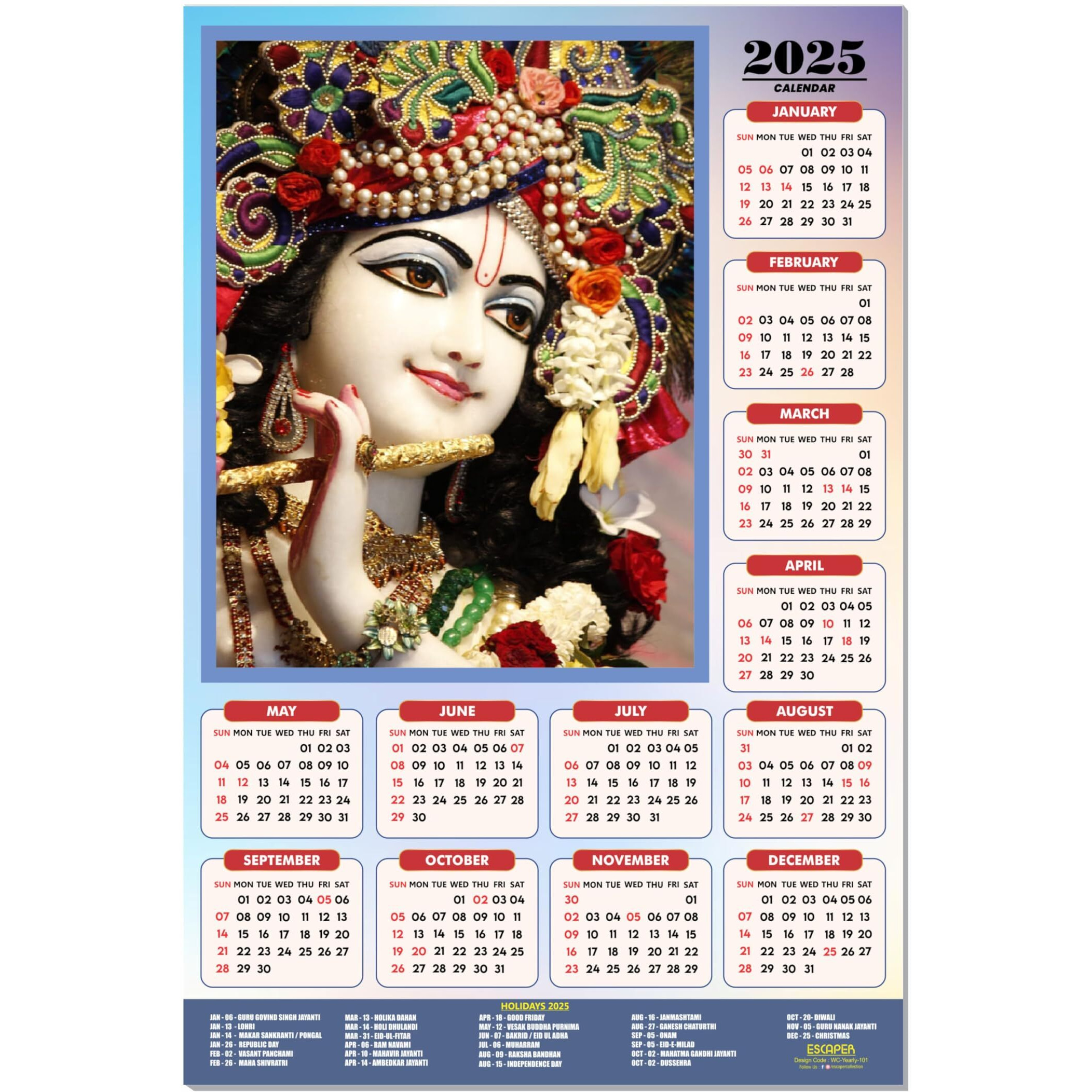 ESCAPER Shree Krishna Wall Calendar 2025 (45 x 30 cm) - Radha Krishna Wall Decor, Laddu Gopal Photo, Bal Krishna Wall Calendar 2025, Religious Wall Calendar 2025, Bal Gopal Photo