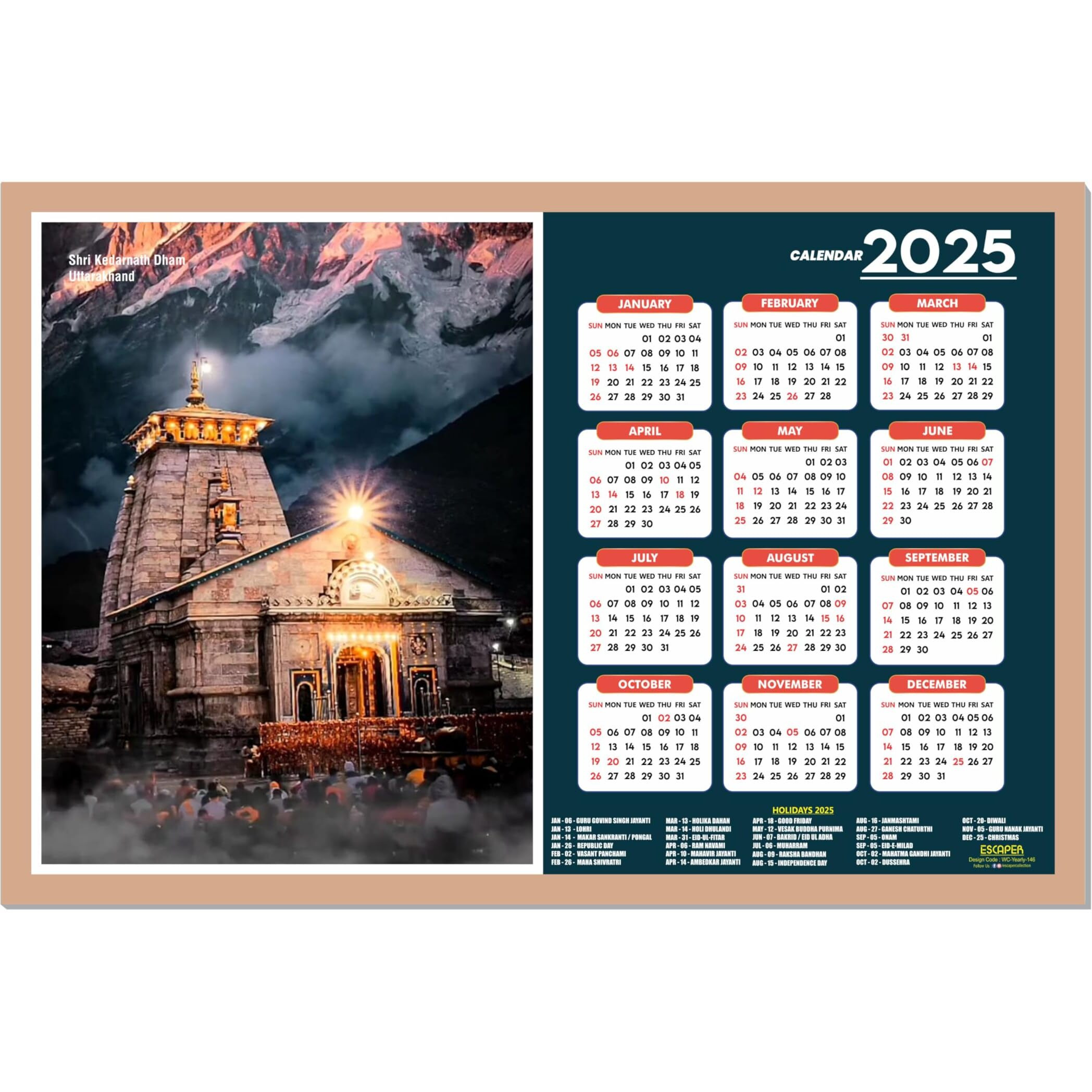 ESCAPER Famous Hindu Temples Wall Calendar 2025, Hindu Gods Wall Calendar 2025, Hindu Goddess Wall Calendar 2025, Hindu Gods Photos, Hindu Goddess Photos, Hindu Mandir Wall Calendar 2025