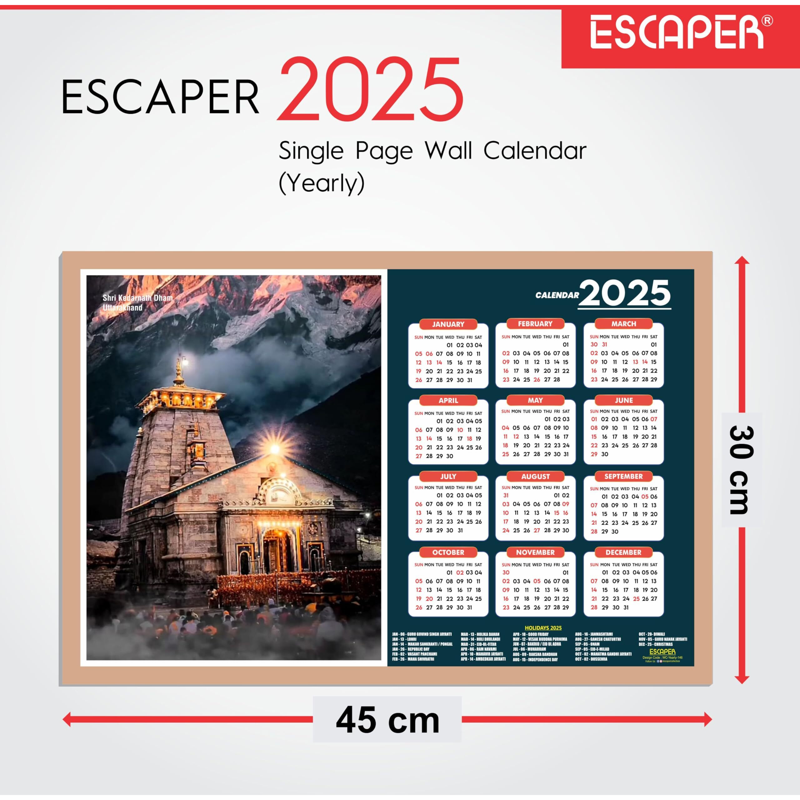 ESCAPER Famous Hindu Temples Wall Calendar 2025, Hindu Gods Wall Calendar 2025, Hindu Goddess Wall Calendar 2025, Hindu Gods Photos, Hindu Goddess Photos, Hindu Mandir Wall Calendar 2025