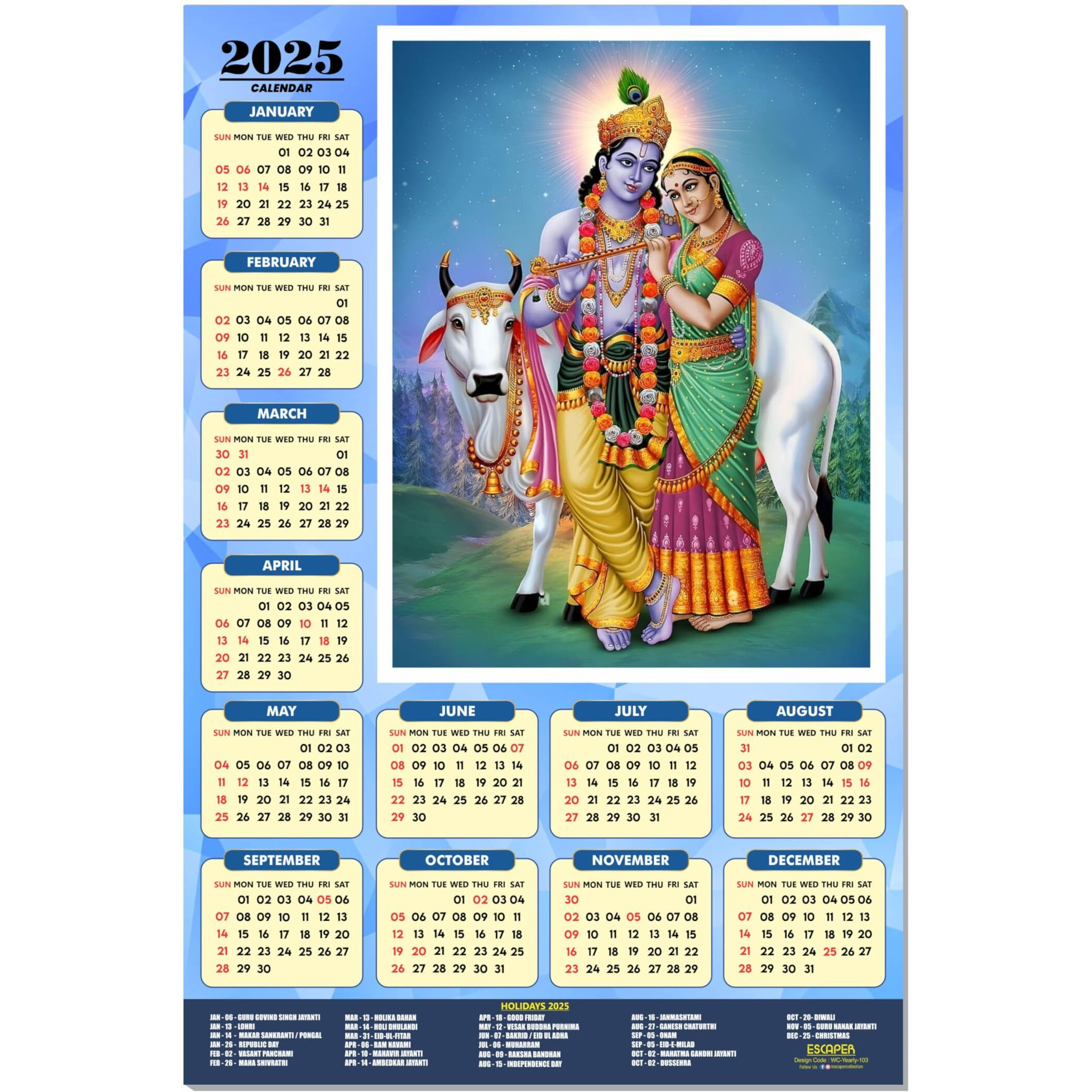ESCAPER Shree Krishna Wall Calendar 2025 (45 x 30 cm) - Radha Krishna Wall Decor, Laddu Gopal Photo, Bal Krishna Wall Calendar 2025, Religious Wall Calendar 2025, Bal Gopal Photo