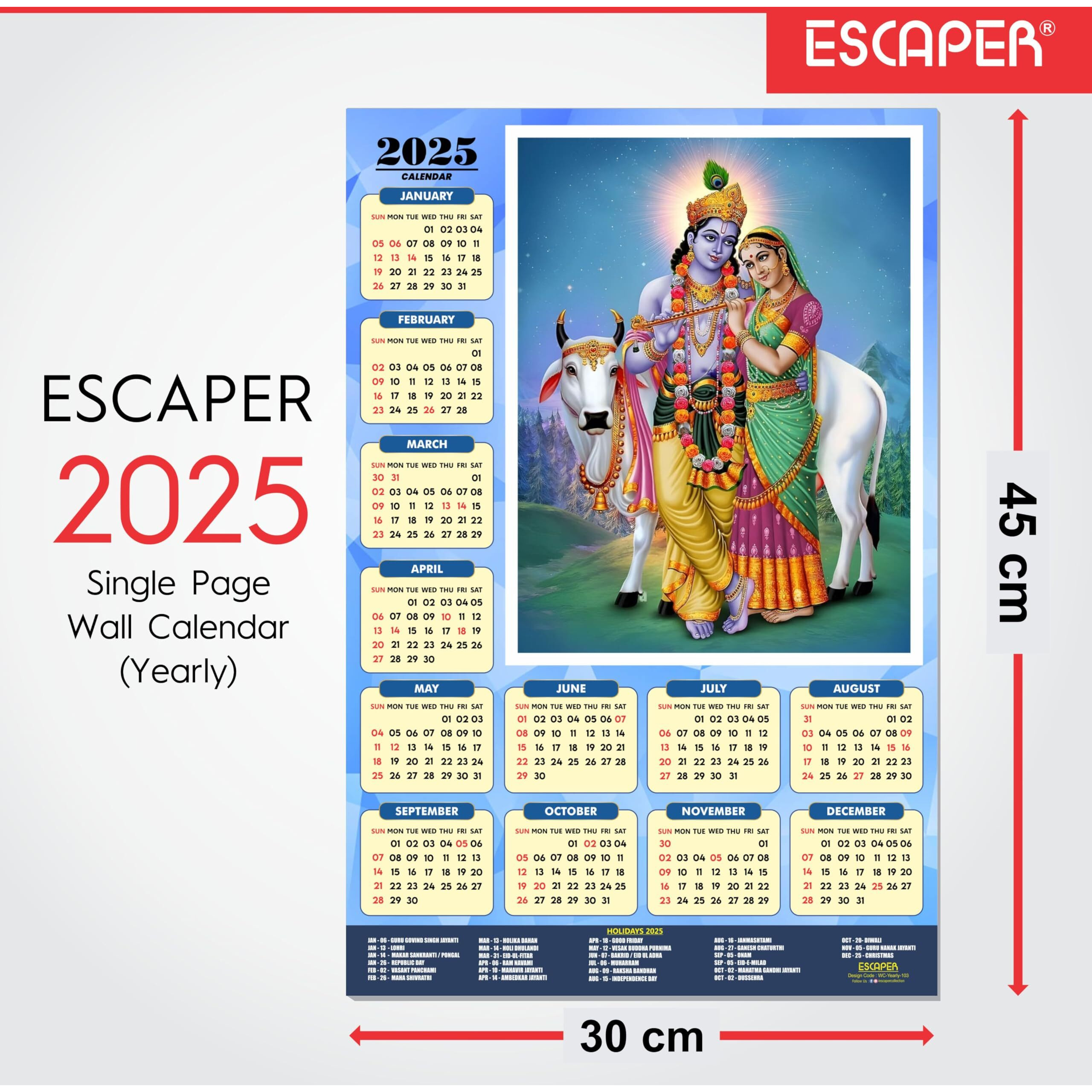 ESCAPER Shree Krishna Wall Calendar 2025 (45 x 30 cm) - Radha Krishna Wall Decor, Laddu Gopal Photo, Bal Krishna Wall Calendar 2025, Religious Wall Calendar 2025, Bal Gopal Photo