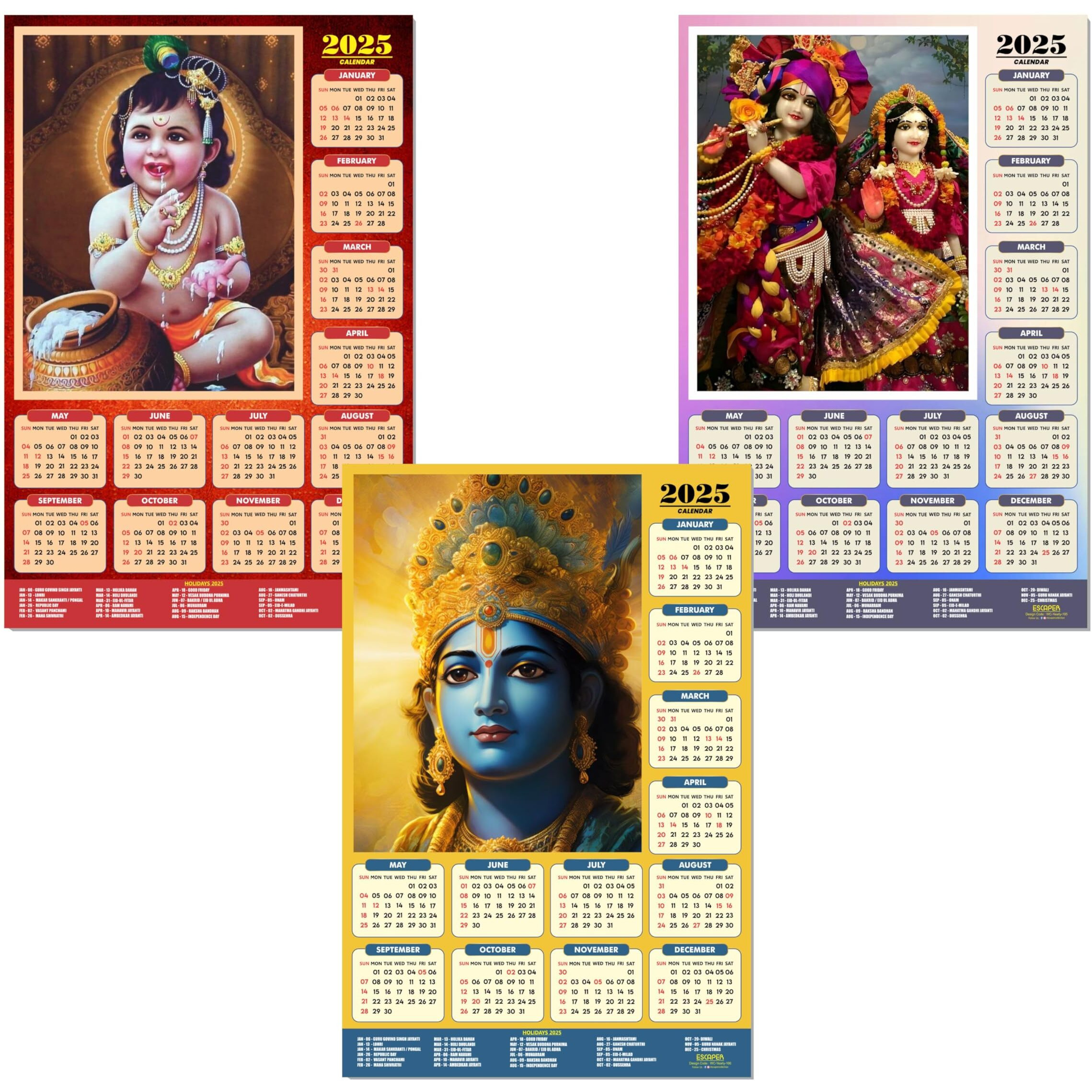 ESCAPER Shree Krishna Wall Calendar 2025 (45 x 30 cm) - Radha Krishna Wall Decor, Laddu Gopal Photo, Bal Krishna Wall Calendar 2025, Religious Wall Calendar 2025, Bal Gopal Photo (Combo Pack of 3 Wall Calendar 2025
