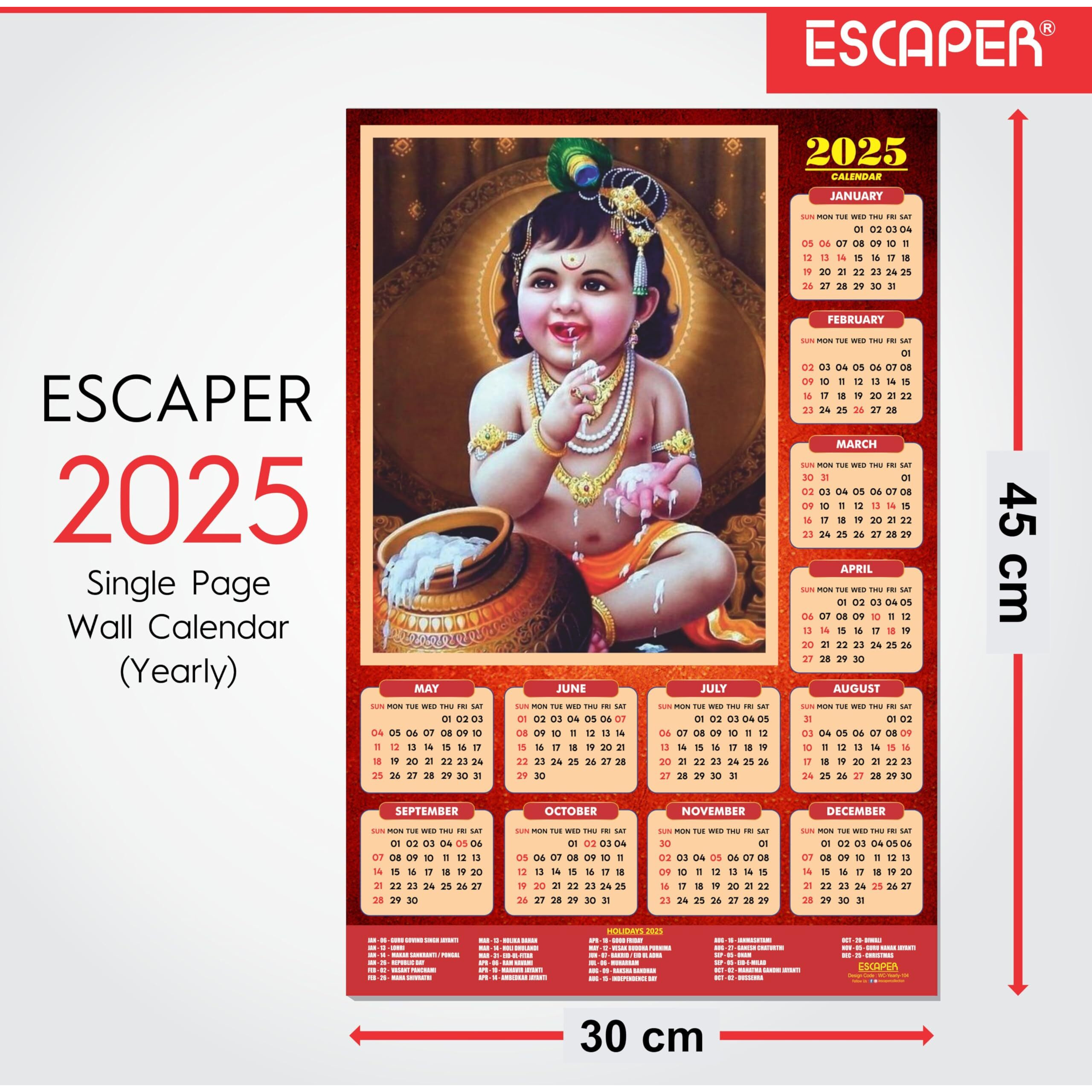 ESCAPER Shree Krishna Wall Calendar 2025 (45 x 30 cm) - Radha Krishna Wall Decor, Laddu Gopal Photo, Bal Krishna Wall Calendar 2025, Religious Wall Calendar 2025, Bal Gopal Photo (Combo Pack of 3 Wall Calendar 2025