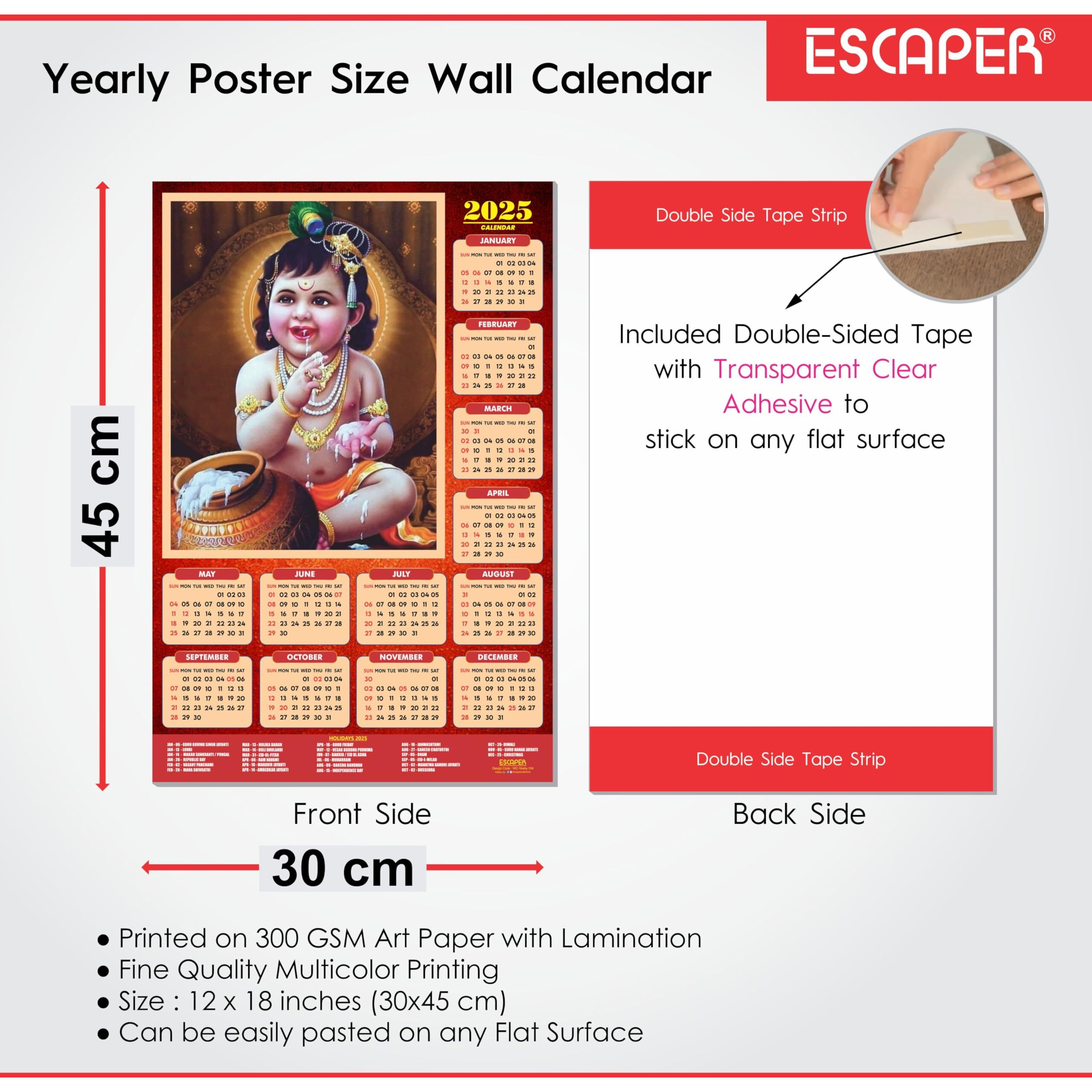 ESCAPER Shree Krishna Wall Calendar 2025 (45 x 30 cm) - Radha Krishna Wall Decor, Laddu Gopal Photo, Bal Krishna Wall Calendar 2025, Religious Wall Calendar 2025, Bal Gopal Photo (Combo Pack of 3 Wall Calendar 2025