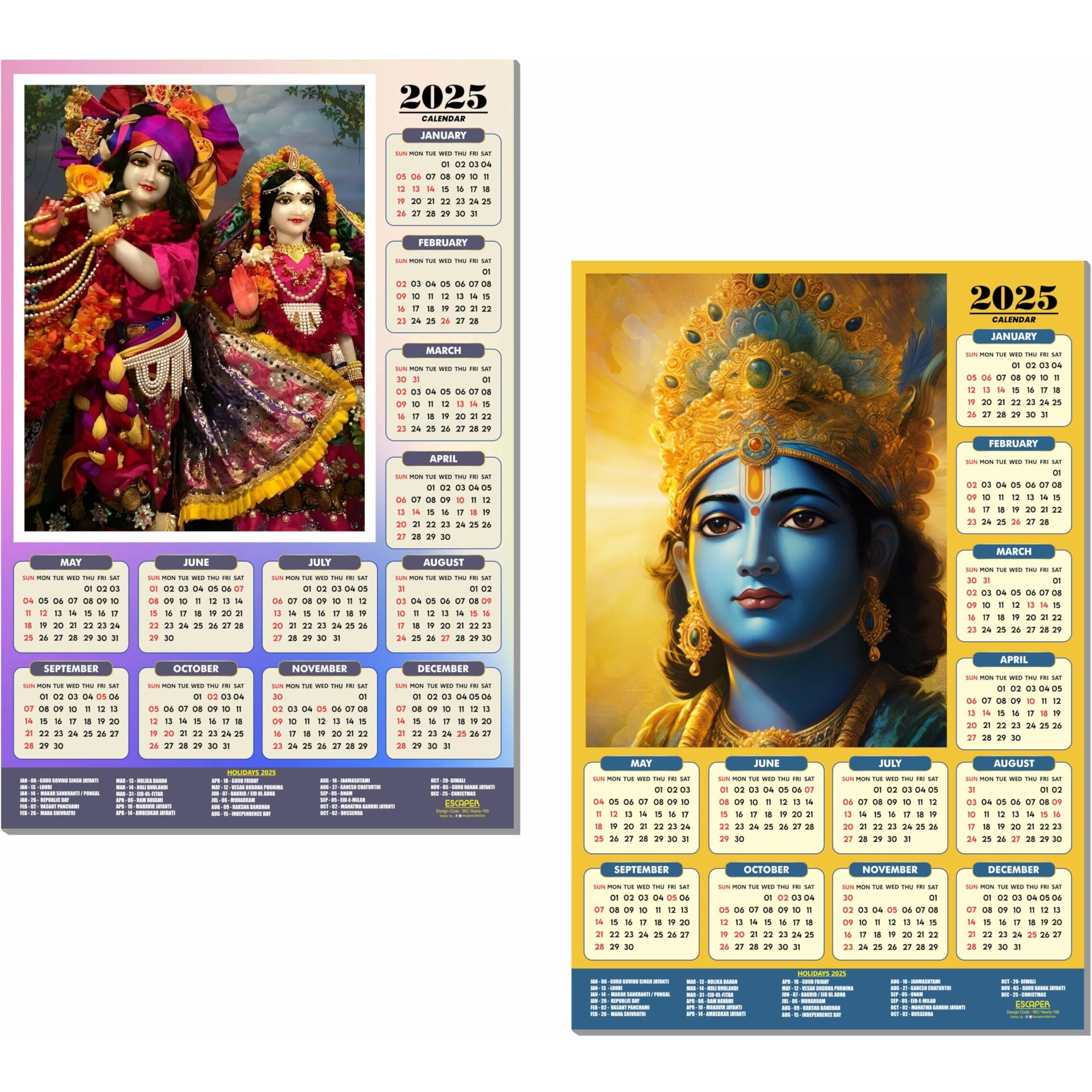 ESCAPER Shree Krishna Wall Calendar 2025 (45 x 30 cm) - Radha Krishna Wall Decor, Laddu Gopal Photo, Bal Krishna Wall Calendar 2025, Religious Wall Calendar 2025, Bal Gopal Photo