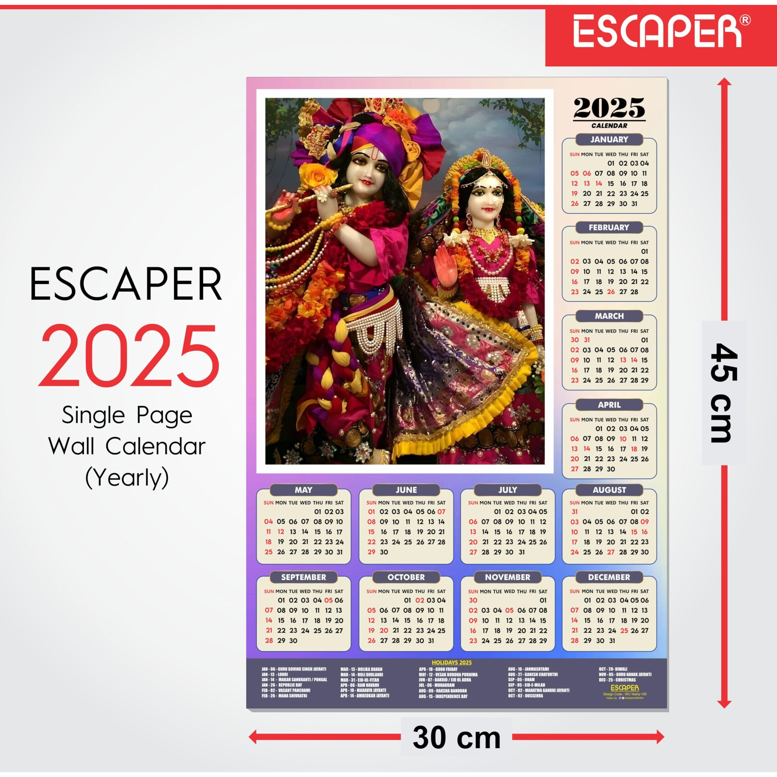 ESCAPER Shree Krishna Wall Calendar 2025 (45 x 30 cm) - Radha Krishna Wall Decor, Laddu Gopal Photo, Bal Krishna Wall Calendar 2025, Religious Wall Calendar 2025, Bal Gopal Photo