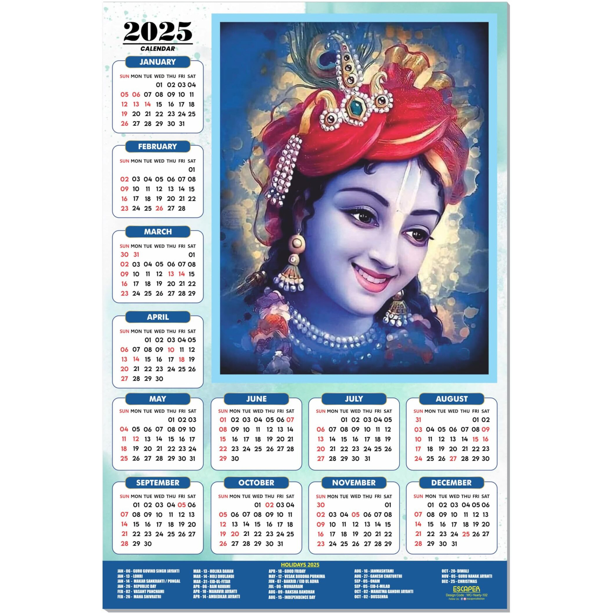 ESCAPER Shree Krishna Wall Calendar 2025 (45 x 30 cm) - Radha Krishna Wall Decor, Laddu Gopal Photo, Bal Krishna Wall Calendar 2025, Religious Wall Calendar 2025, Bal Gopal Photo