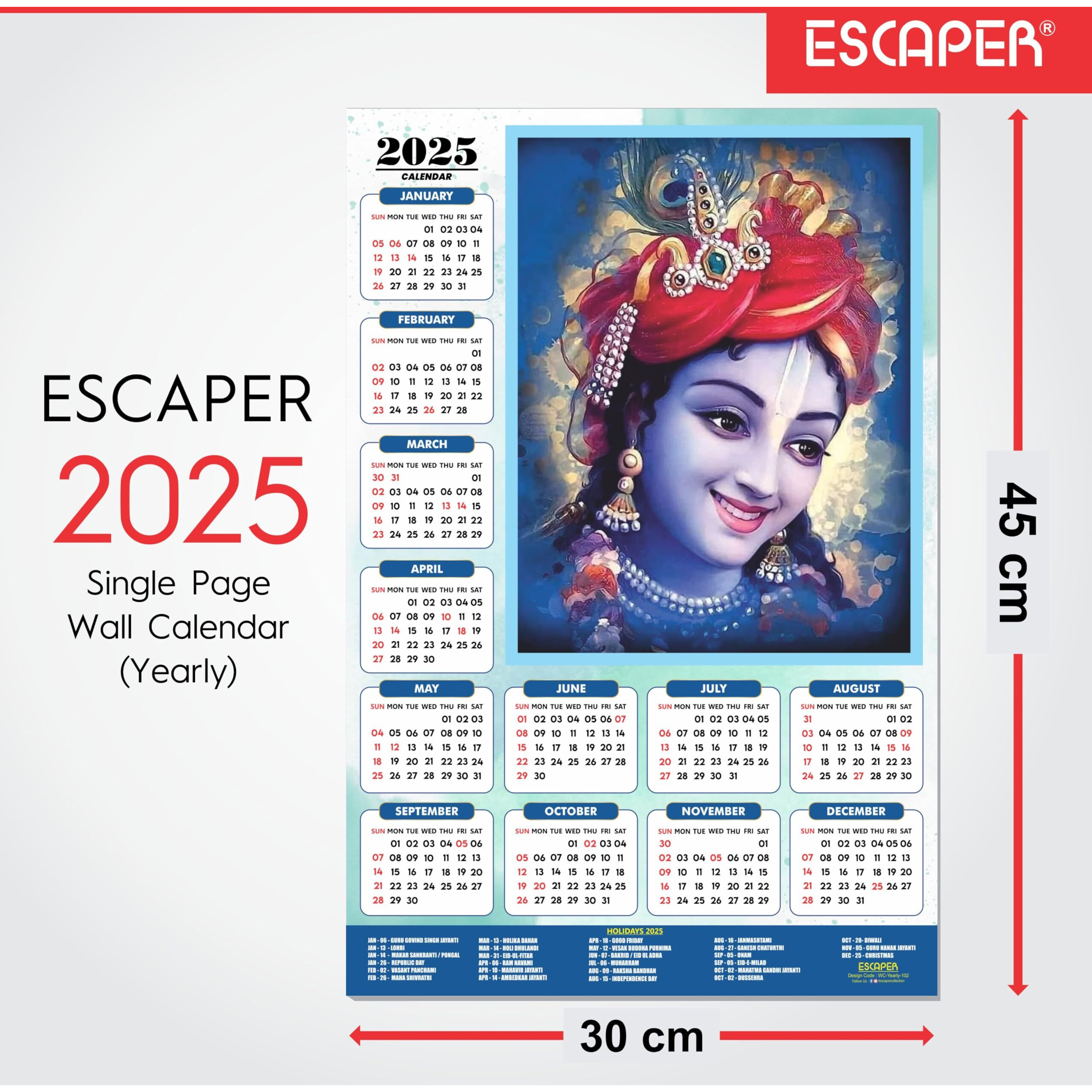 ESCAPER Shree Krishna Wall Calendar 2025 (45 x 30 cm) - Radha Krishna Wall Decor, Laddu Gopal Photo, Bal Krishna Wall Calendar 2025, Religious Wall Calendar 2025, Bal Gopal Photo