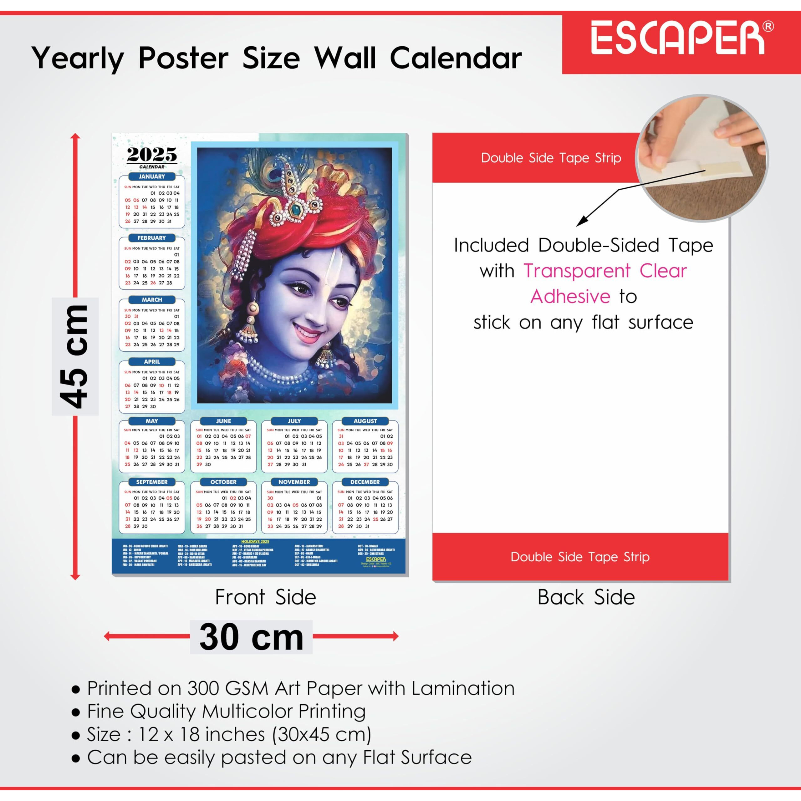 ESCAPER Shree Krishna Wall Calendar 2025 (45 x 30 cm) - Radha Krishna Wall Decor, Laddu Gopal Photo, Bal Krishna Wall Calendar 2025, Religious Wall Calendar 2025, Bal Gopal Photo