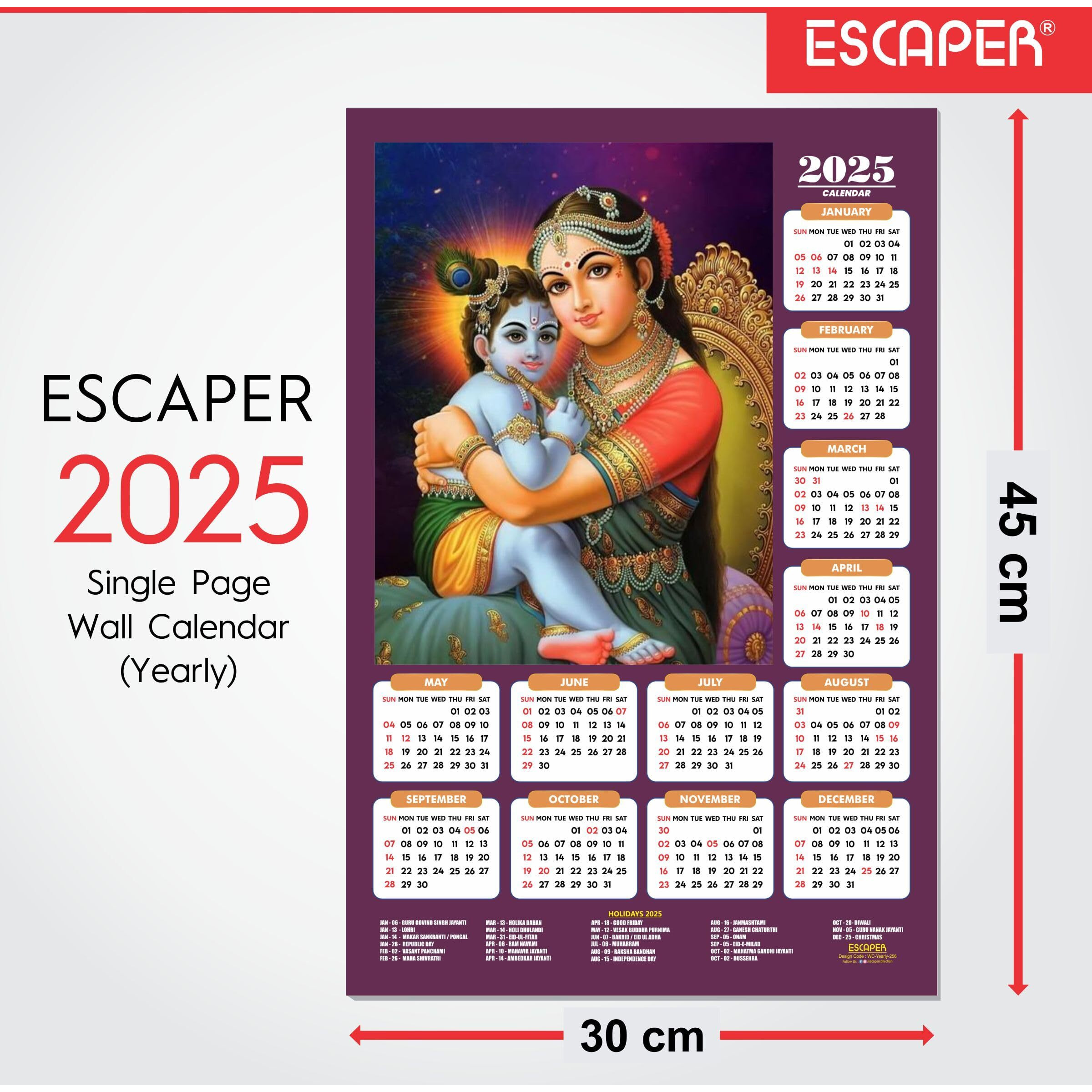 ESCAPER Shree Krishna Wall Calendar 2025 (45 x 30 cm) - Radha Krishna Wall Decor, Laddu Gopal Photo, Bal Krishna Wall Calendar 2025, Religious Wall Calendar 2025, Bal Gopal Photo