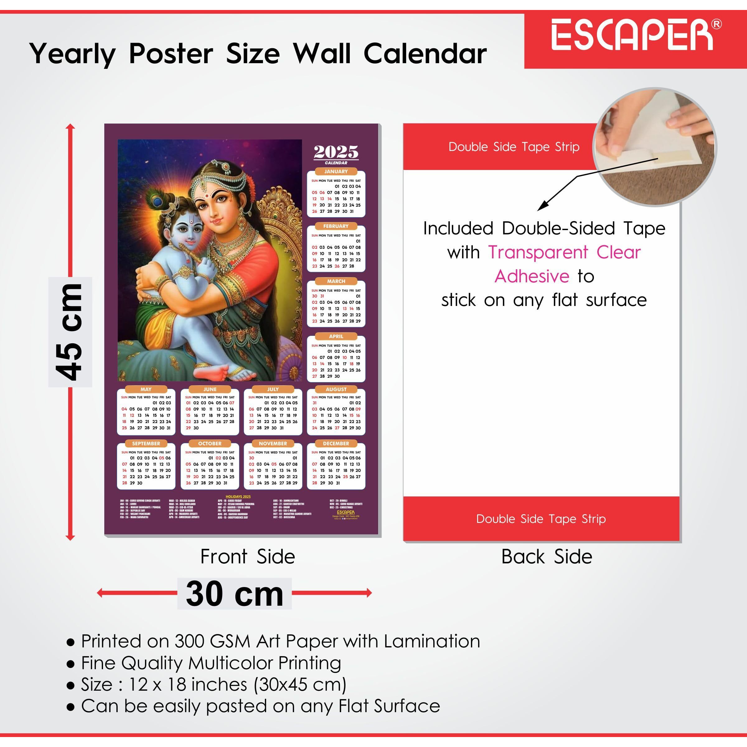 ESCAPER Shree Krishna Wall Calendar 2025 (45 x 30 cm) - Radha Krishna Wall Decor, Laddu Gopal Photo, Bal Krishna Wall Calendar 2025, Religious Wall Calendar 2025, Bal Gopal Photo