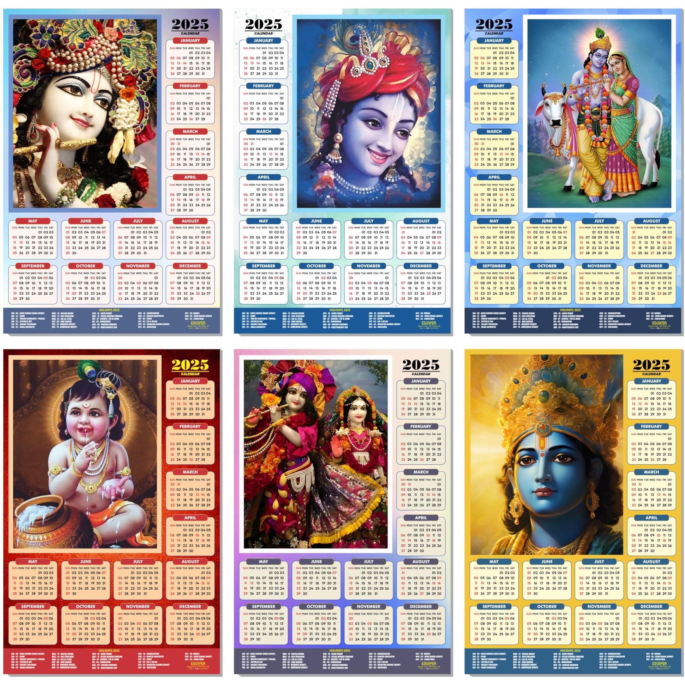 ESCAPER Shree Krishna Wall Calendar 2025 (45 x 30 cm) - Radha Krishna Wall Decor, Laddu Gopal Photo, Bal Krishna Wall Calendar 2025, Religious Wall Calendar 2025, Bal Gopal Photo
