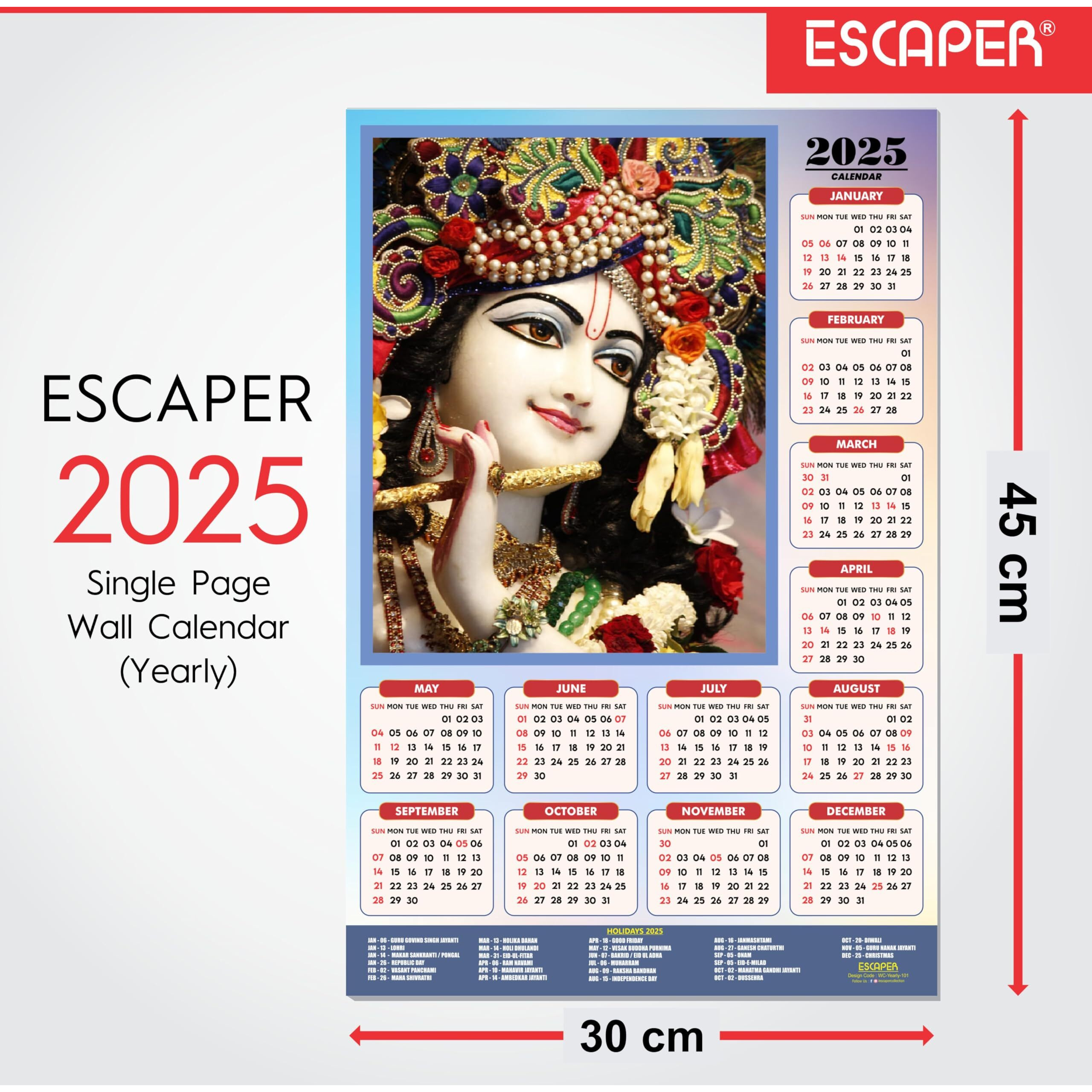 ESCAPER Shree Krishna Wall Calendar 2025 (45 x 30 cm) - Radha Krishna Wall Decor, Laddu Gopal Photo, Bal Krishna Wall Calendar 2025, Religious Wall Calendar 2025, Bal Gopal Photo