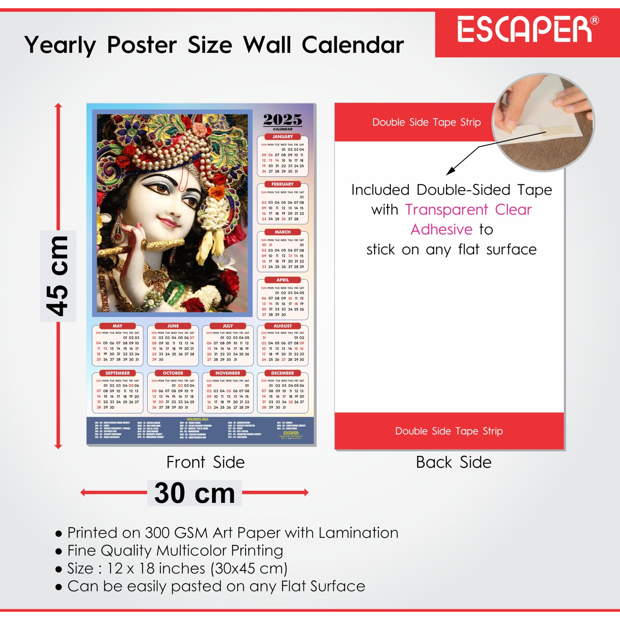 ESCAPER Shree Krishna Wall Calendar 2025 (45 x 30 cm) - Radha Krishna Wall Decor, Laddu Gopal Photo, Bal Krishna Wall Calendar 2025, Religious Wall Calendar 2025, Bal Gopal Photo