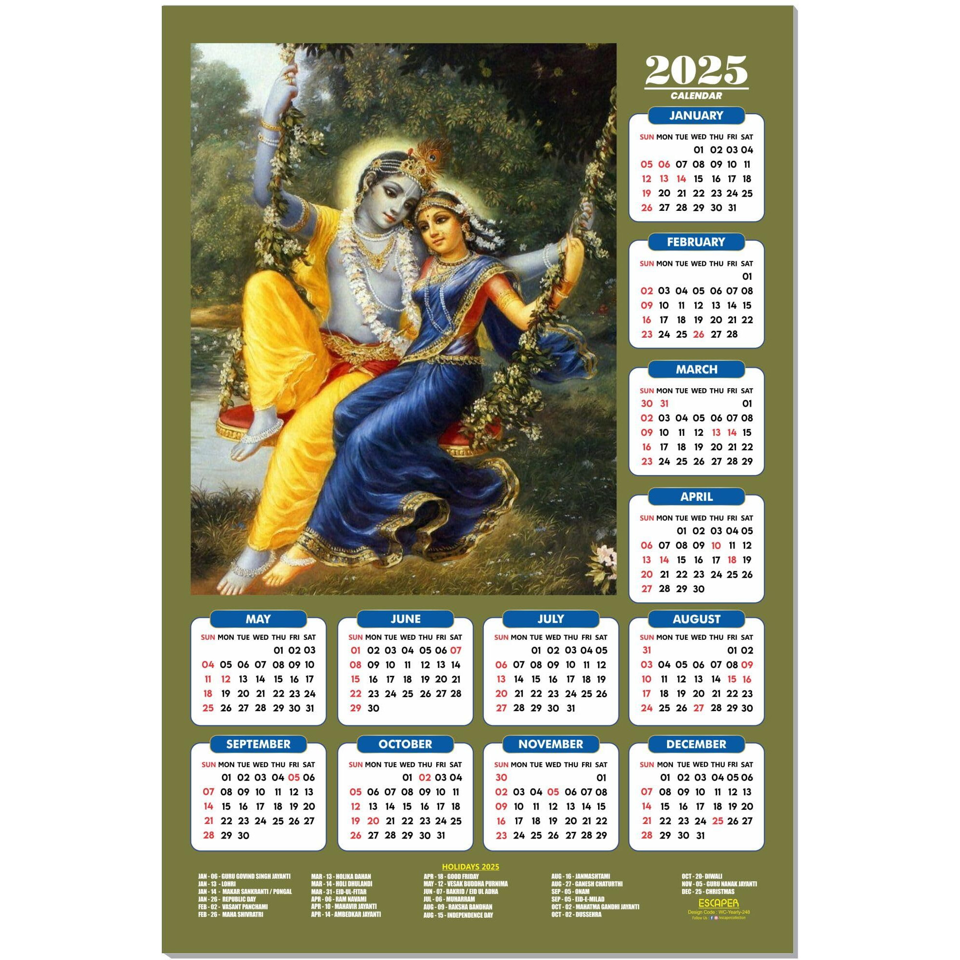 ESCAPER Shree Krishna Wall Calendar 2025 (45 x 30 cm) - Radha Krishna Wall Decor, Laddu Gopal Photo, Bal Krishna Wall Calendar 2025, Religious Wall Calendar 2025, Bal Gopal Photo