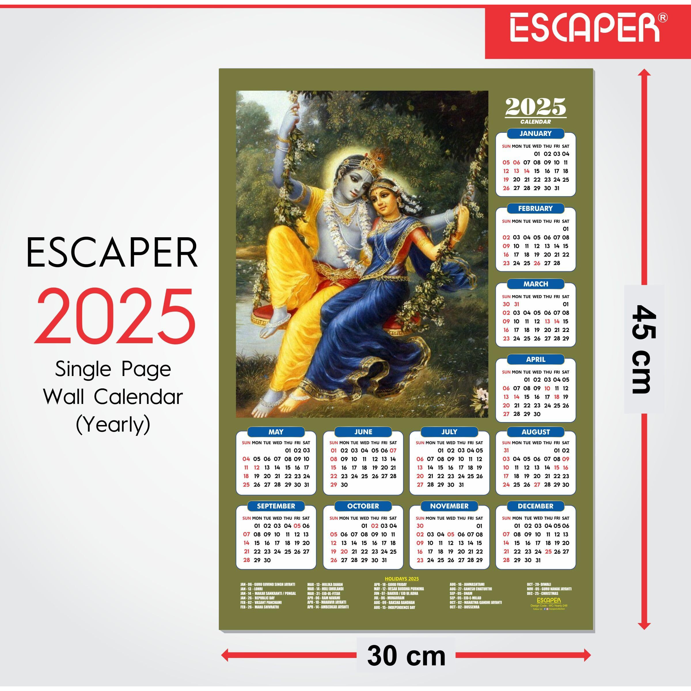 ESCAPER Shree Krishna Wall Calendar 2025 (45 x 30 cm) - Radha Krishna Wall Decor, Laddu Gopal Photo, Bal Krishna Wall Calendar 2025, Religious Wall Calendar 2025, Bal Gopal Photo
