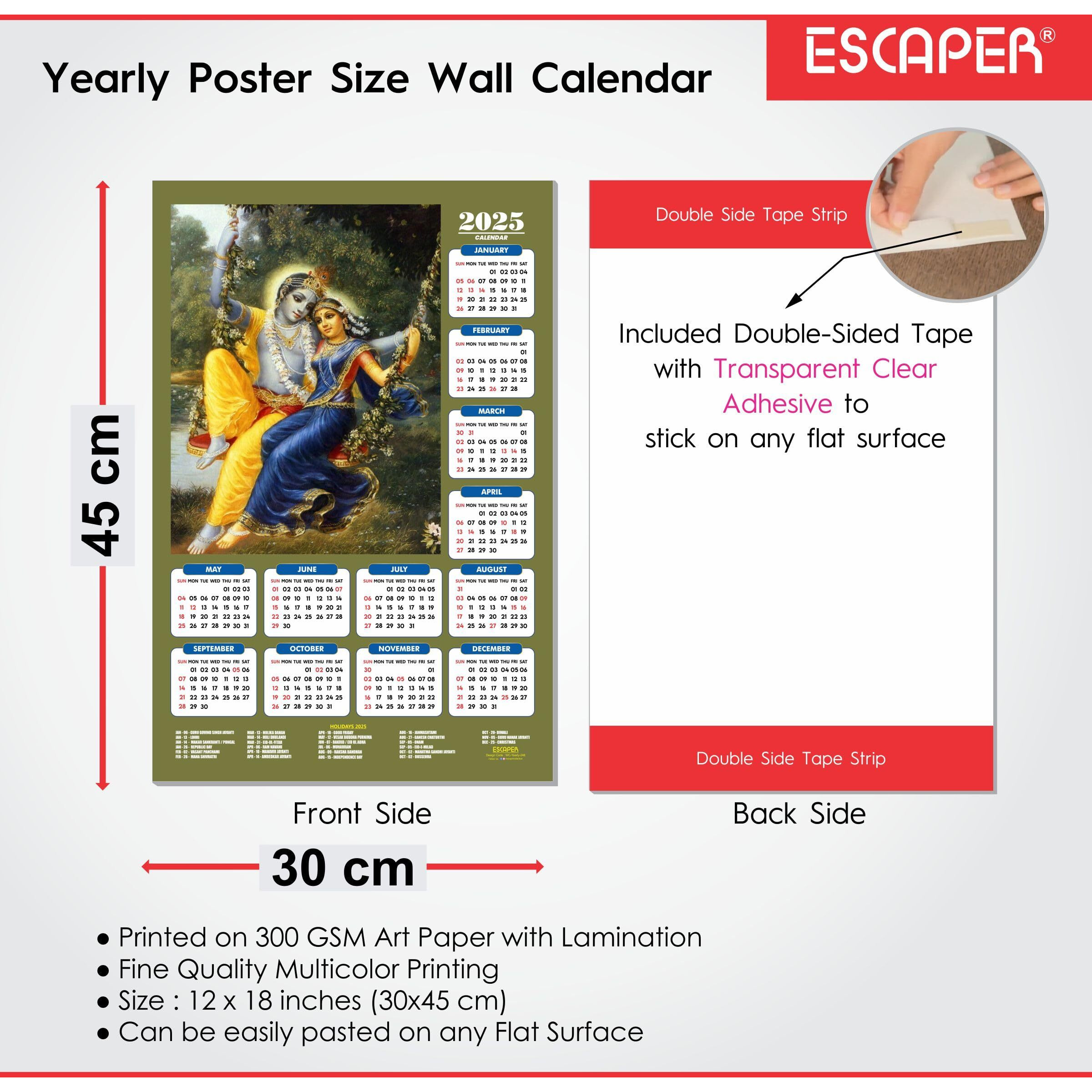 ESCAPER Shree Krishna Wall Calendar 2025 (45 x 30 cm) - Radha Krishna Wall Decor, Laddu Gopal Photo, Bal Krishna Wall Calendar 2025, Religious Wall Calendar 2025, Bal Gopal Photo