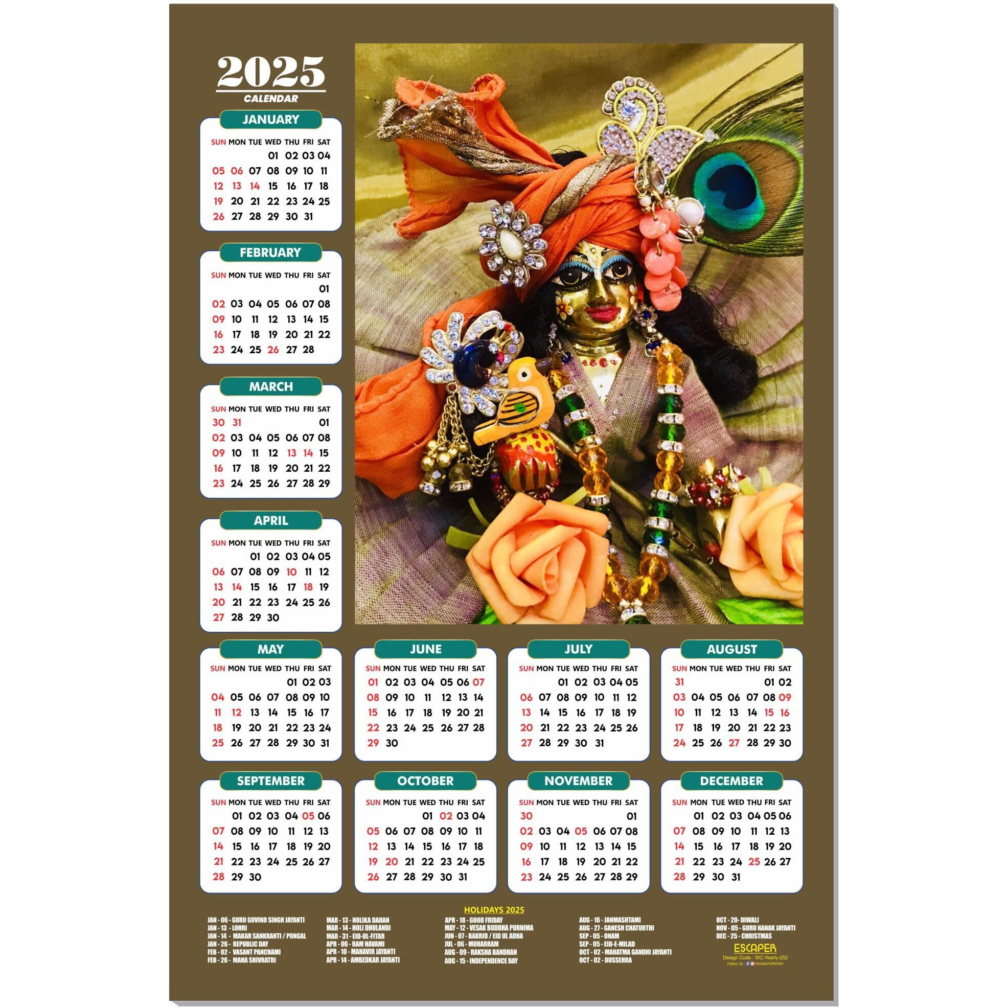 ESCAPER Shree Krishna Wall Calendar 2025 (45 x 30 cm) - Radha Krishna Wall Decor, Laddu Gopal Photo, Bal Krishna Wall Calendar 2025, Religious Wall Calendar 2025, Bal Gopal Photo