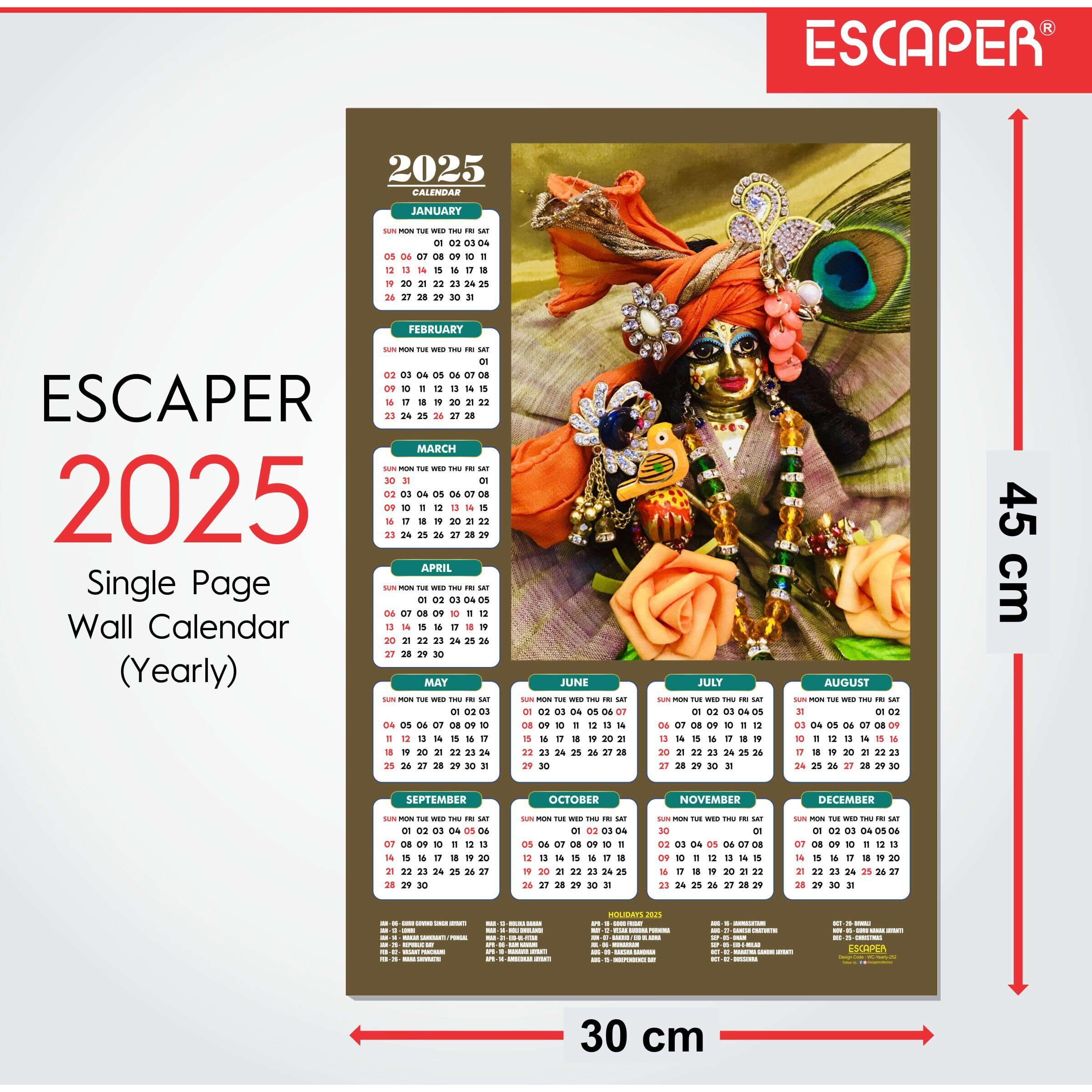ESCAPER Shree Krishna Wall Calendar 2025 (45 x 30 cm) - Radha Krishna Wall Decor, Laddu Gopal Photo, Bal Krishna Wall Calendar 2025, Religious Wall Calendar 2025, Bal Gopal Photo