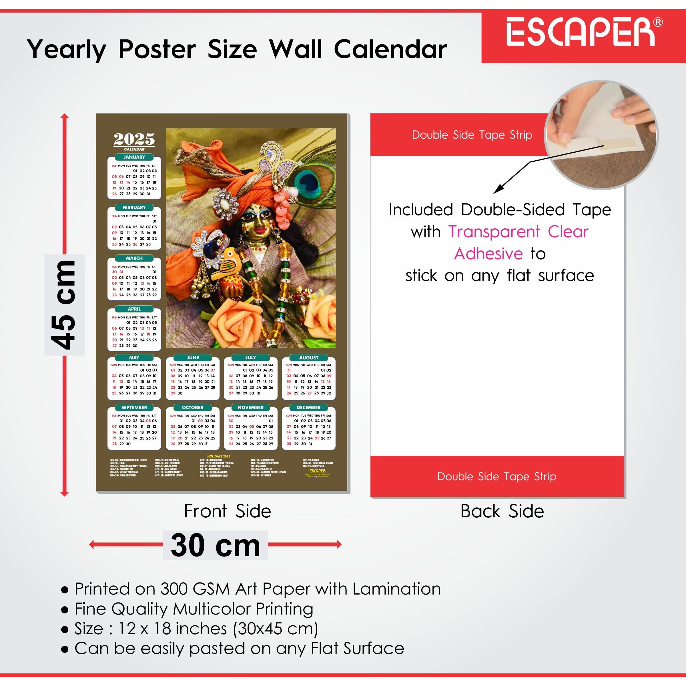 ESCAPER Shree Krishna Wall Calendar 2025 (45 x 30 cm) - Radha Krishna Wall Decor, Laddu Gopal Photo, Bal Krishna Wall Calendar 2025, Religious Wall Calendar 2025, Bal Gopal Photo