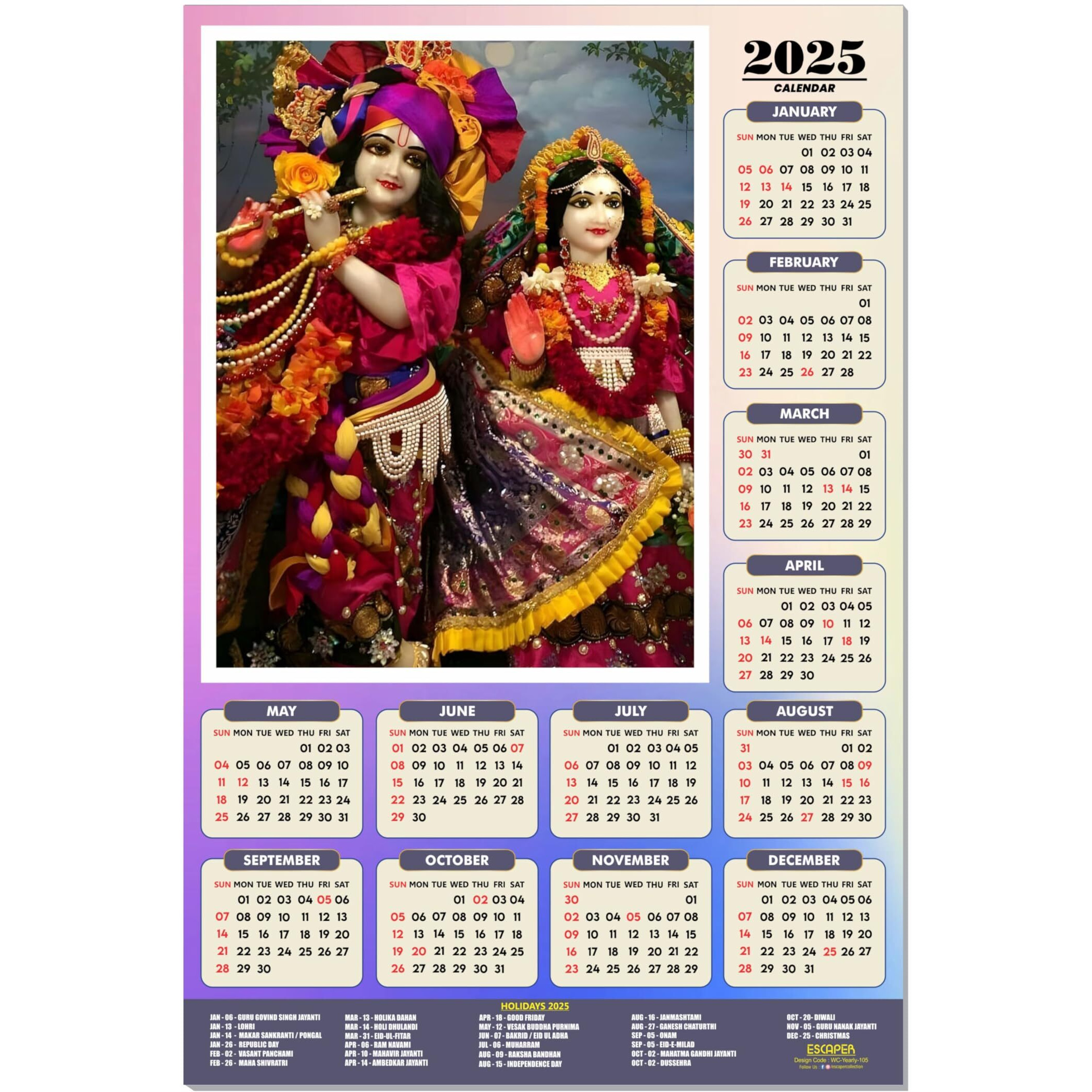 ESCAPER Shree Krishna Wall Calendar 2025 (45 x 30 cm) - Radha Krishna Wall Decor, Laddu Gopal Photo, Bal Krishna Wall Calendar 2025, Religious Wall Calendar 2025, Bal Gopal Photo