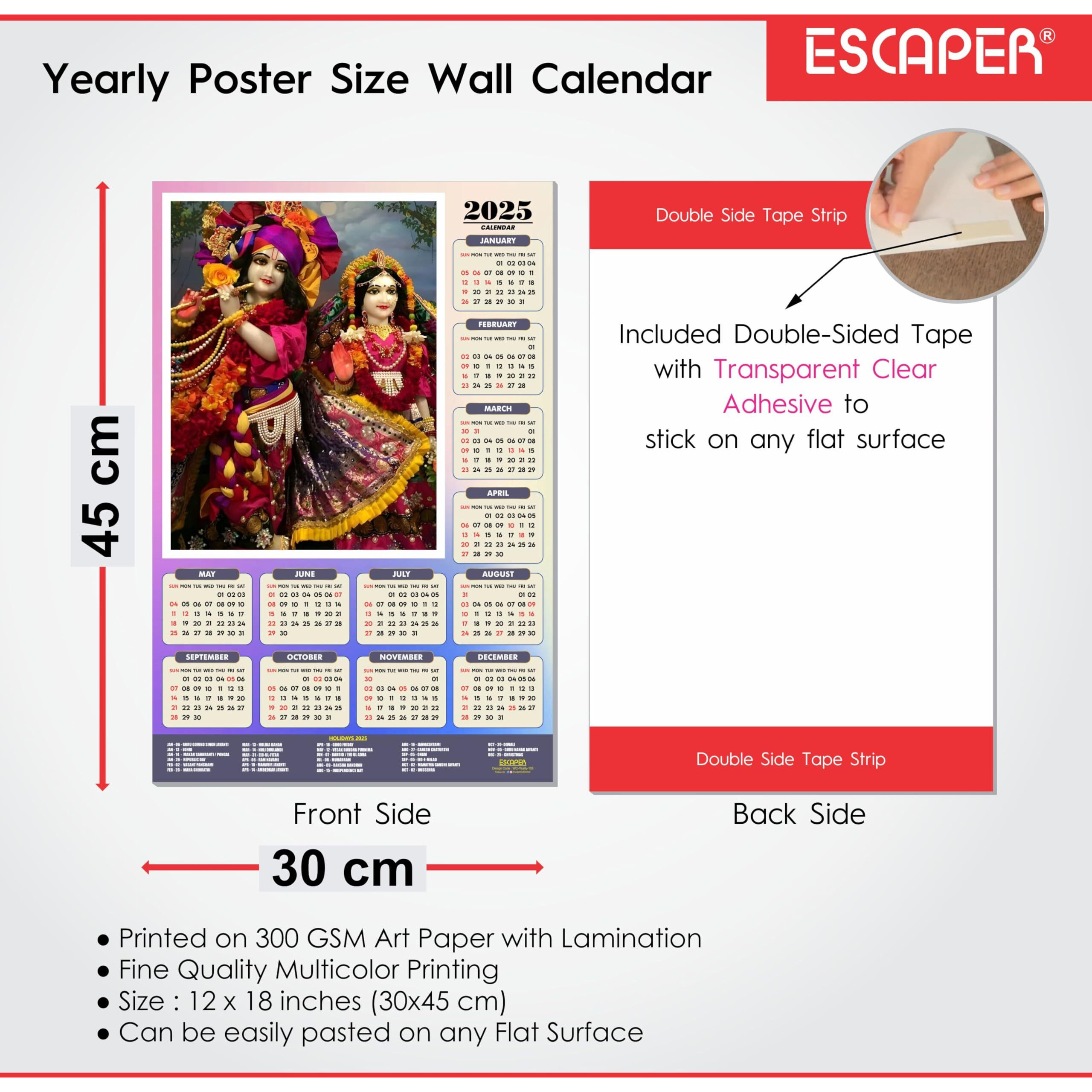 ESCAPER Shree Krishna Wall Calendar 2025 (45 x 30 cm) - Radha Krishna Wall Decor, Laddu Gopal Photo, Bal Krishna Wall Calendar 2025, Religious Wall Calendar 2025, Bal Gopal Photo