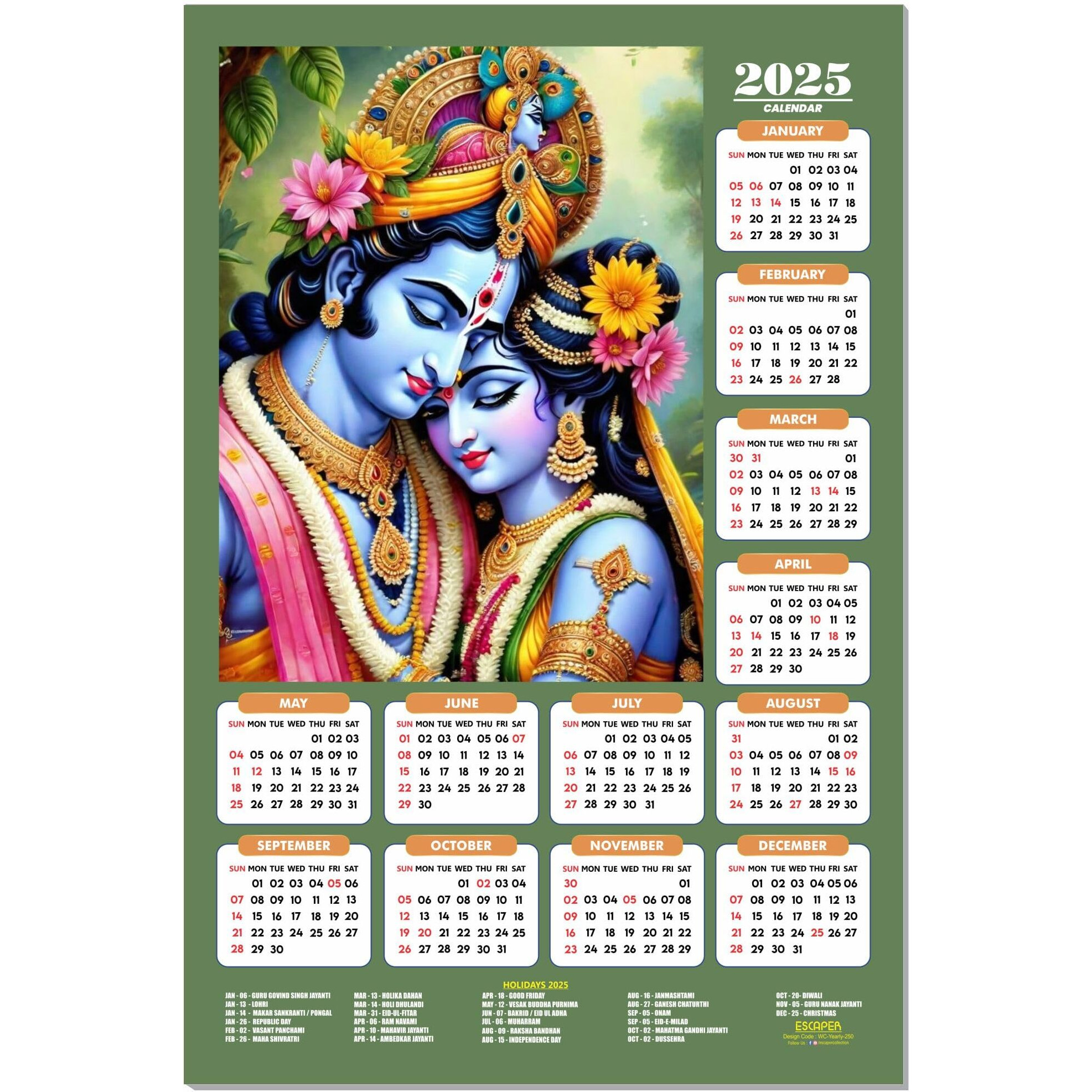ESCAPER Shree Krishna Wall Calendar 2025 (45 x 30 cm) - Radha Krishna Wall Decor, Laddu Gopal Photo, Bal Krishna Wall Calendar 2025, Religious Wall Calendar 2025, Bal Gopal Photo