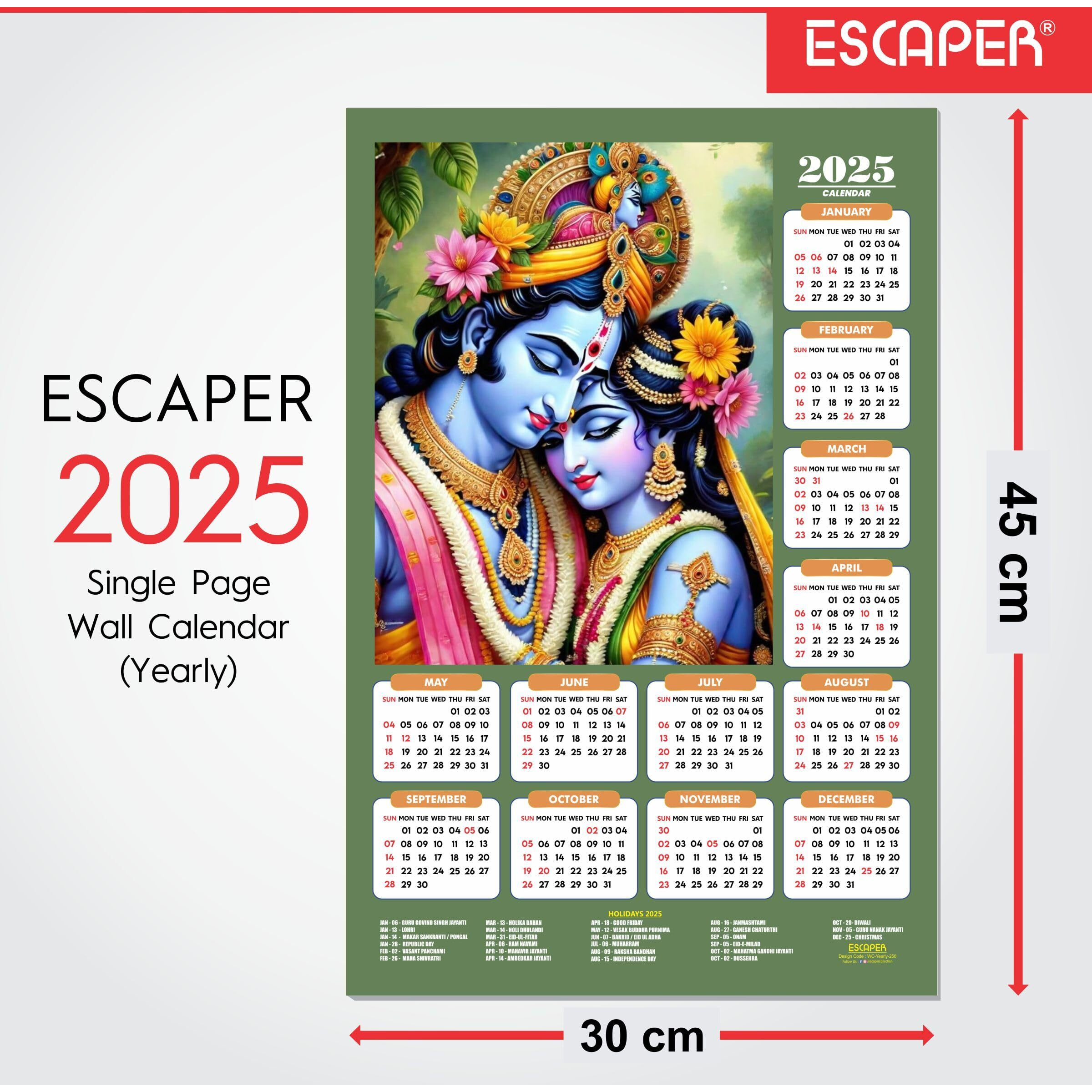 ESCAPER Shree Krishna Wall Calendar 2025 (45 x 30 cm) - Radha Krishna Wall Decor, Laddu Gopal Photo, Bal Krishna Wall Calendar 2025, Religious Wall Calendar 2025, Bal Gopal Photo