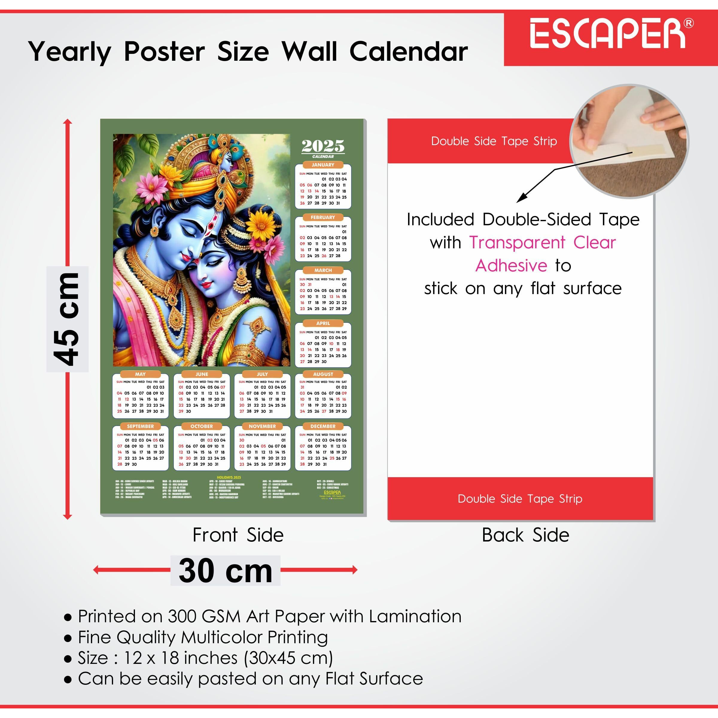 ESCAPER Shree Krishna Wall Calendar 2025 (45 x 30 cm) - Radha Krishna Wall Decor, Laddu Gopal Photo, Bal Krishna Wall Calendar 2025, Religious Wall Calendar 2025, Bal Gopal Photo