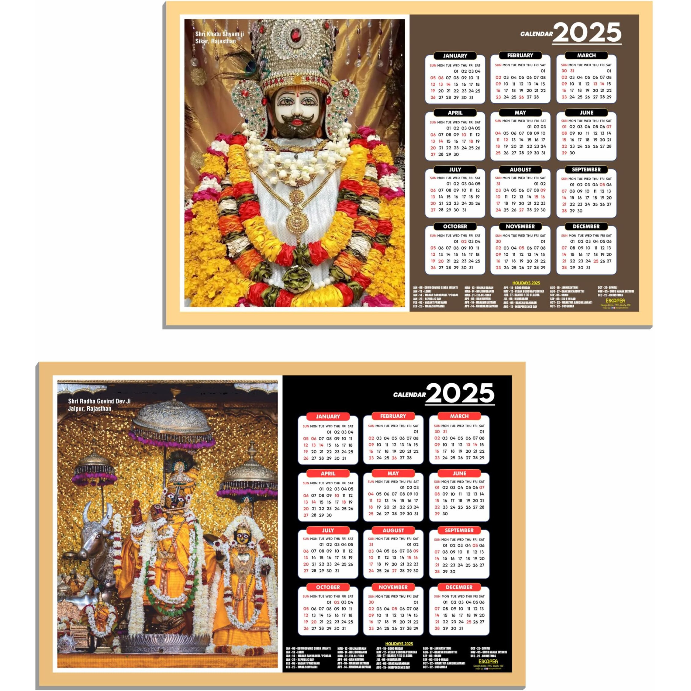 ESCAPER Khatu Shyam Ji Wall Calendar 2025 (45 x 30 cm), Khatu Shyam Ji Mandir Wall Calendar 2025, Radha Govind Ji Photo, Religious Wall Calendar 2025, Khatu Shyam Ji Wall Calendar 2025, Hindu God Photos, Hindu God Temple Wall Calendar 2025 for room decoration