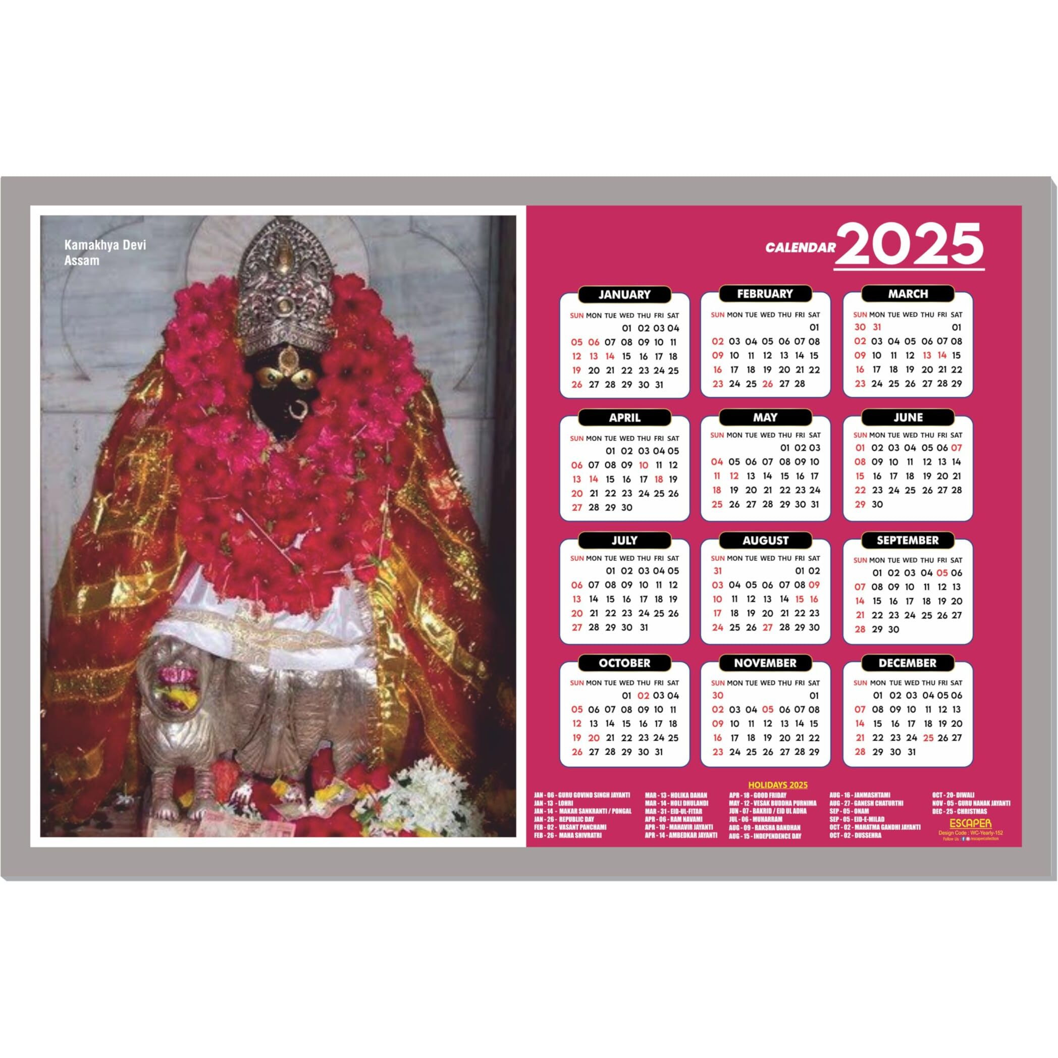 ESCAPER Kamakhya Devi Wall Calendar 2025 (45 x 30 cm), Kamakhya Devi Mandir Wall Calendar 2025, Kamakhya Devi Photos, Religious Wall Calendar 2025, Kamakhya Devi Wall Calendar 2025, Hindu Goddess Photos, Hindu Goddess Temple Wall Calendar 2025 for room decoration