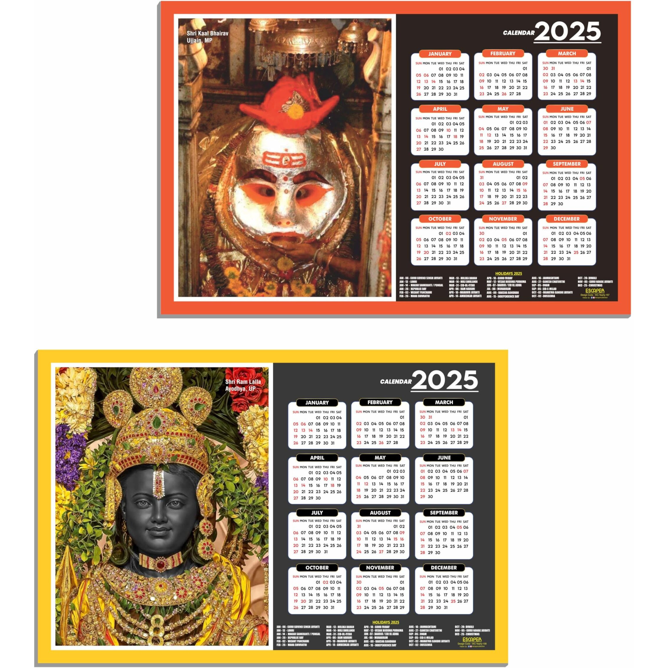 ESCAPER Famous Hindu Temples Wall Calendar 2025, Hindu Gods Wall Calendar 2025, Hindu Goddess Wall Calendar 2025, Hindu Gods Photos, Hindu Goddess Photos, Hindu Mandir Wall Calendar 2025 (Shri Kal Bhairav & Shri Ram Lalla