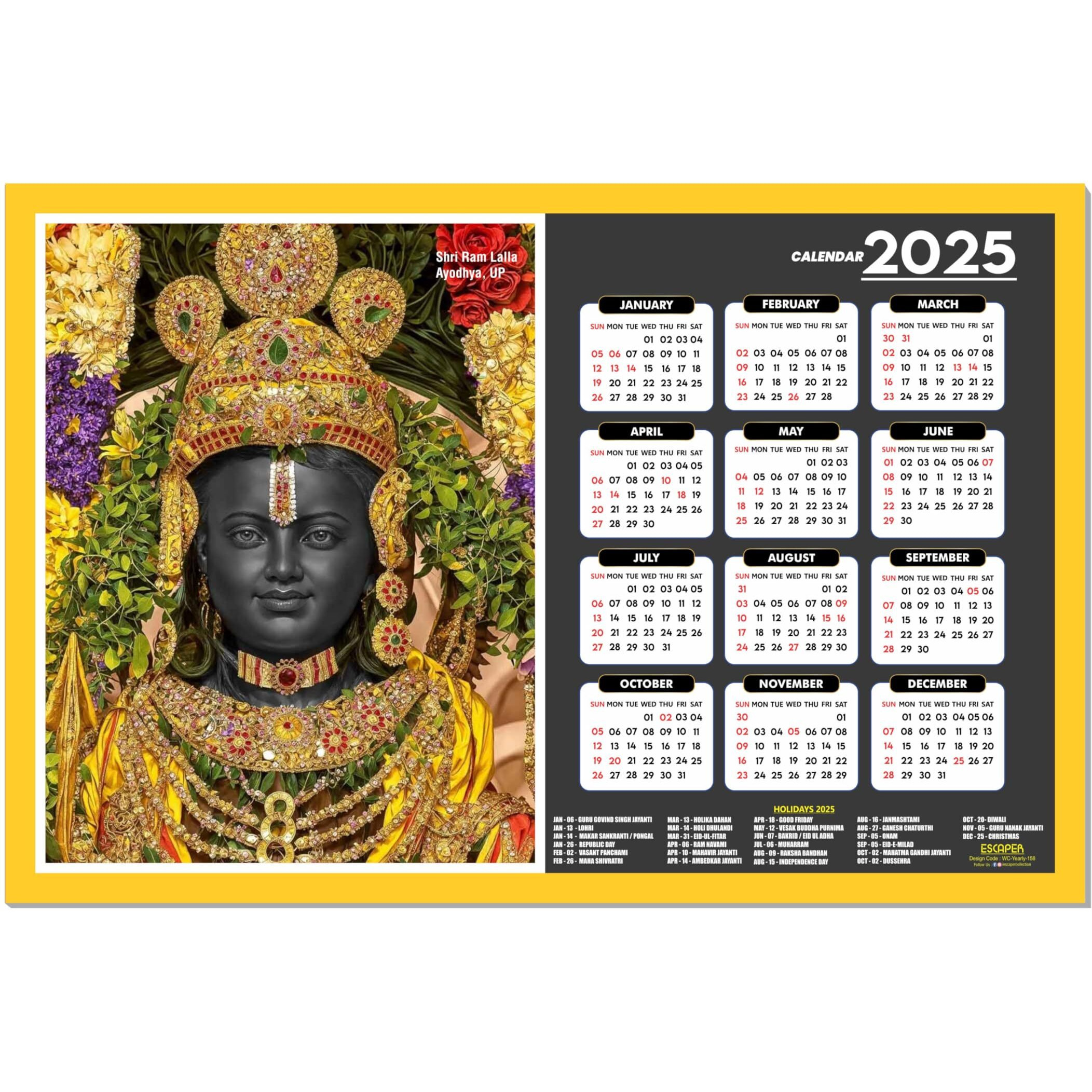 ESCAPER Shri Ram Lalla Wall Calendar 2025 (45 x 30 cm), Shri Ram Wall Calendar 2025, Shri Ram Lalla Photos, Religious Wall Calendar 2025, Shri Ram Lalla Wall Calendar 2025, Hindu God Photos, Hindu God Temple Wall Calendar 2025 for room decoration,