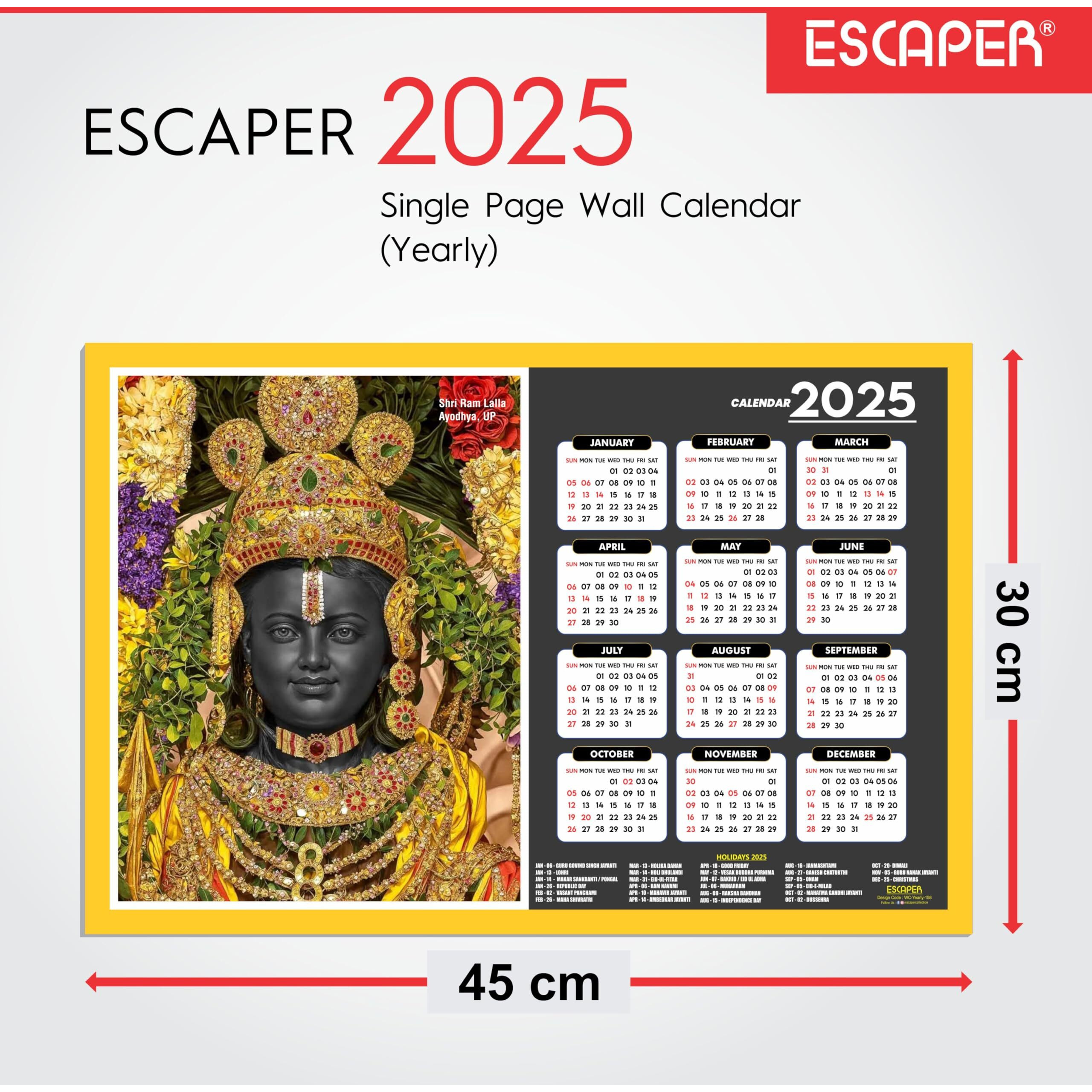 ESCAPER Shri Ram Lalla Wall Calendar 2025 (45 x 30 cm), Shri Ram Wall Calendar 2025, Shri Ram Lalla Photos, Religious Wall Calendar 2025, Shri Ram Lalla Wall Calendar 2025, Hindu God Photos, Hindu God Temple Wall Calendar 2025 for room decoration,