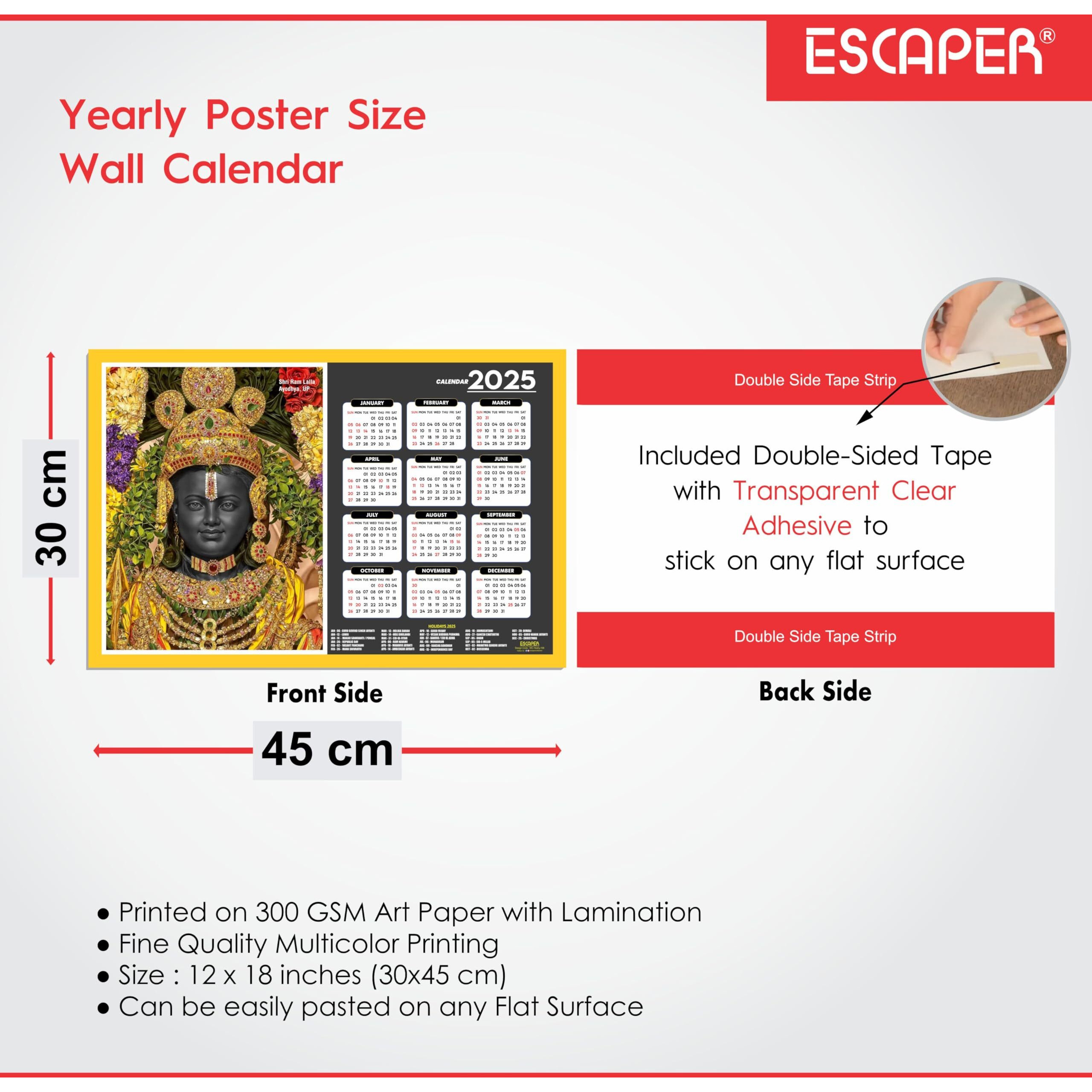 ESCAPER Shri Ram Lalla Wall Calendar 2025 (45 x 30 cm), Shri Ram Wall Calendar 2025, Shri Ram Lalla Photos, Religious Wall Calendar 2025, Shri Ram Lalla Wall Calendar 2025, Hindu God Photos, Hindu God Temple Wall Calendar 2025 for room decoration,