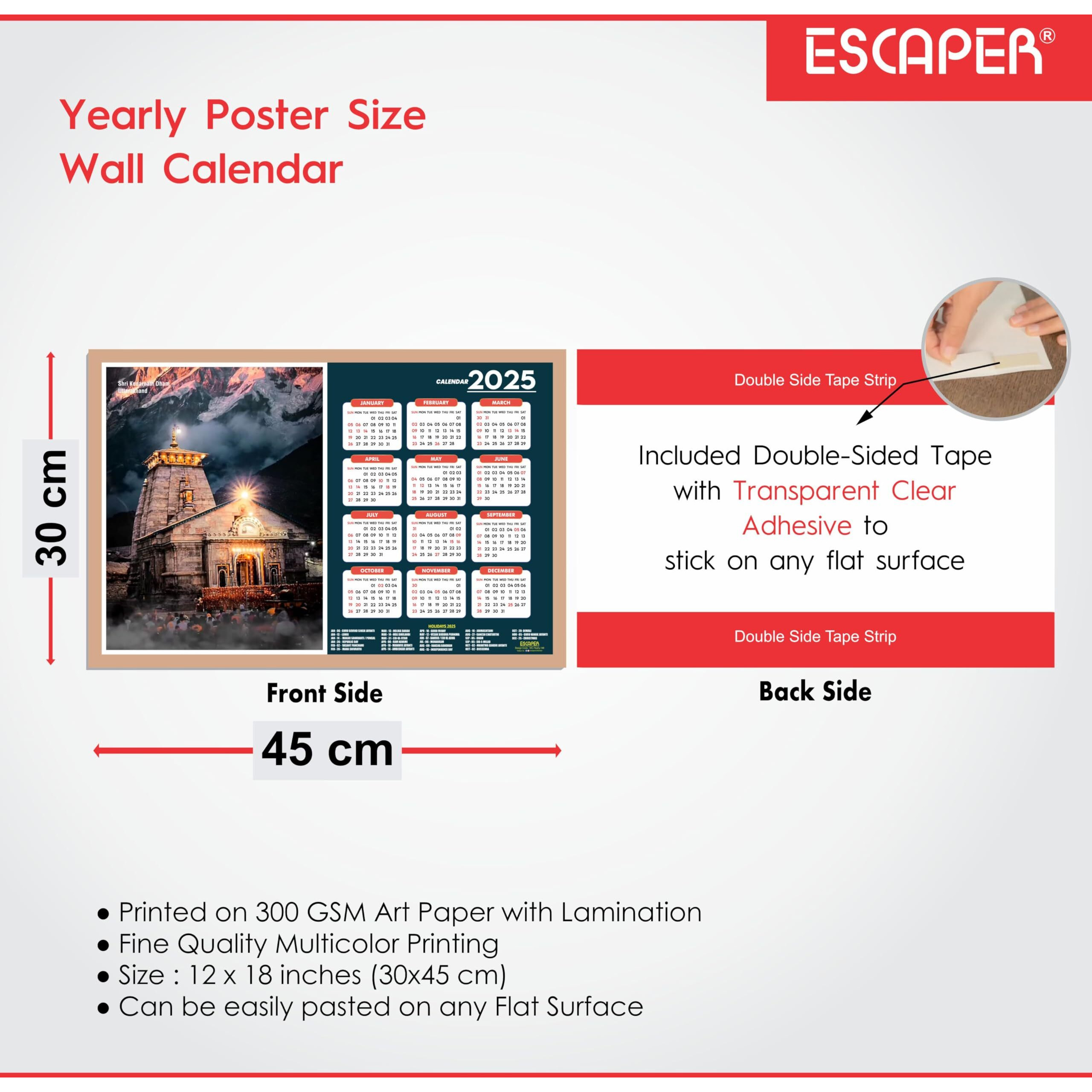 ESCAPER Kedarnath Temple Wall Calendar 2025 (45 x 30 cm), Kashi Vishwanath Mandir Wall Calendar 2025, Banke Bihari Ji Photos, Religious Wall Calendar 2025, Banke Bihari Ji Wall Calendar 2025, Hindu God Photos, Hindu God Temple Wall Calendar 2025 for room decoration
