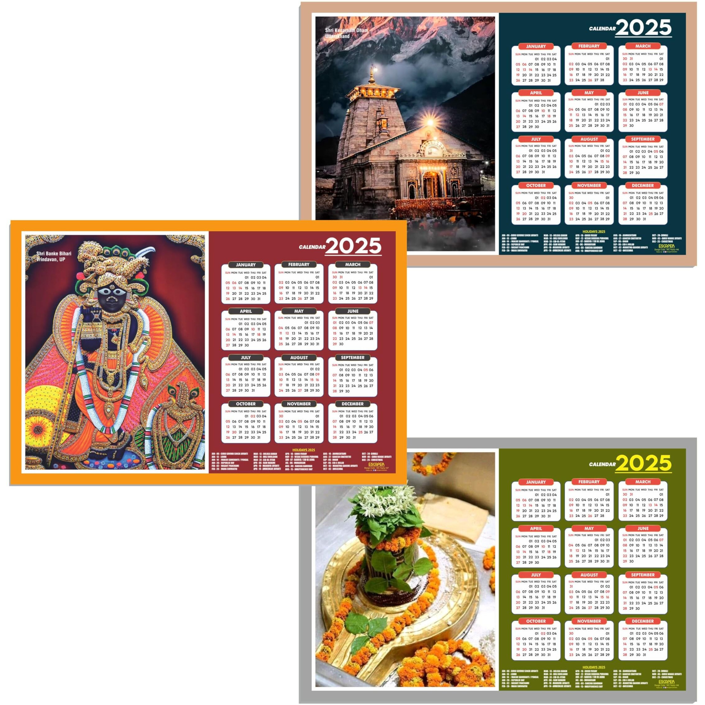 ESCAPER Famous Hindu Temples Wall Calendar 2025, Hindu Gods Wall Calendar 2025, Hindu Goddess Wall Calendar 2025, Hindu Gods Photos, Hindu Goddess Photos, Hindu Mandir Wall Calendar 2025