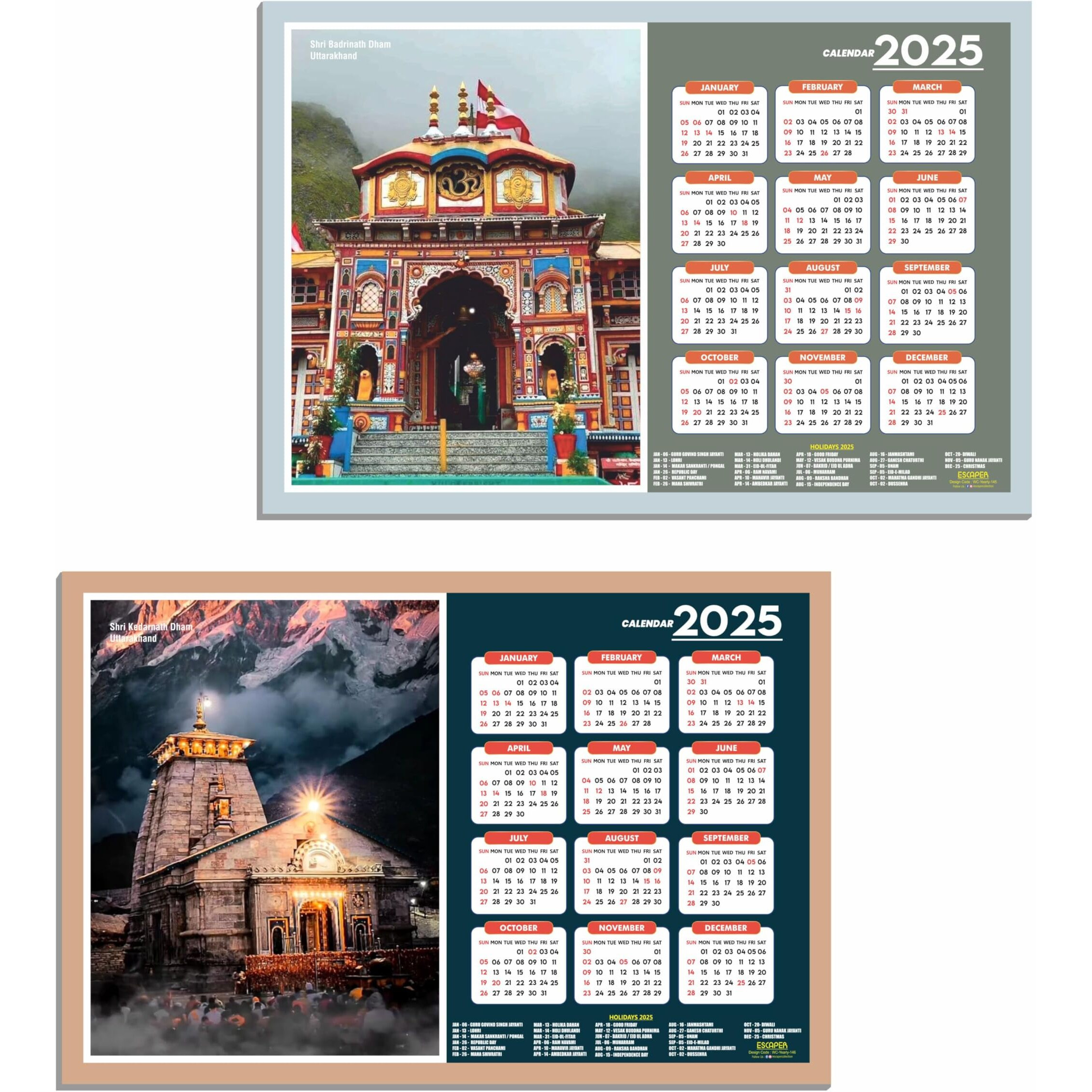 ESCAPER Kedarnath Temple Wall Calendar 2025 (45 x 30 cm), Badrinath Ji Wall Calendar 2025, Kedarnath Temple Photos, Religious Wall Calendar 2025, Kedarnath Wall Calendar 2025, Badrinath Wall Calendar 2025, Badrinath Photo, Hindu God Photo Calendar