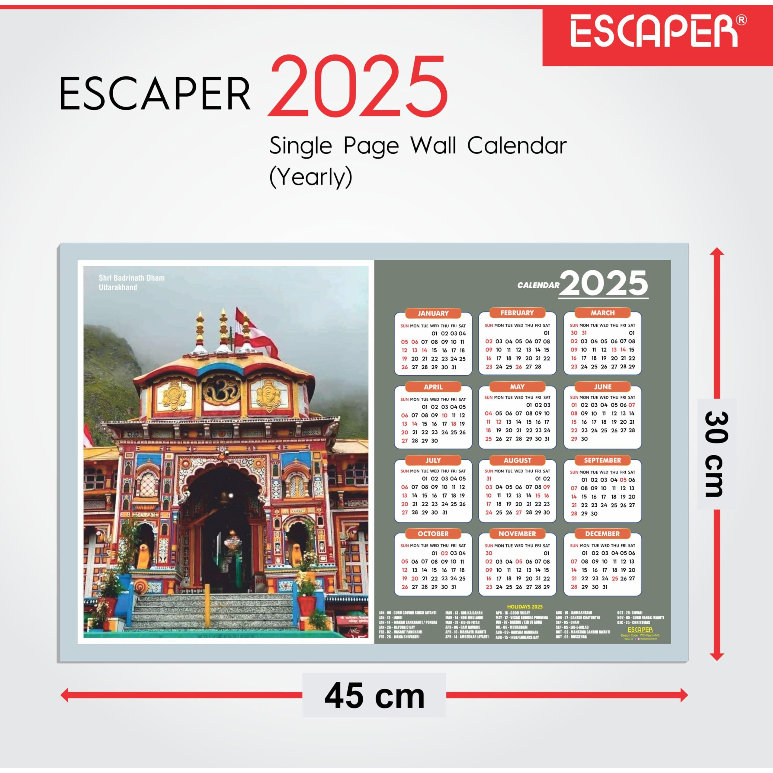 ESCAPER Kedarnath Temple Wall Calendar 2025 (45 x 30 cm), Badrinath Ji Wall Calendar 2025, Kedarnath Temple Photos, Religious Wall Calendar 2025, Kedarnath Wall Calendar 2025, Badrinath Wall Calendar 2025, Badrinath Photo, Hindu God Photo Calendar